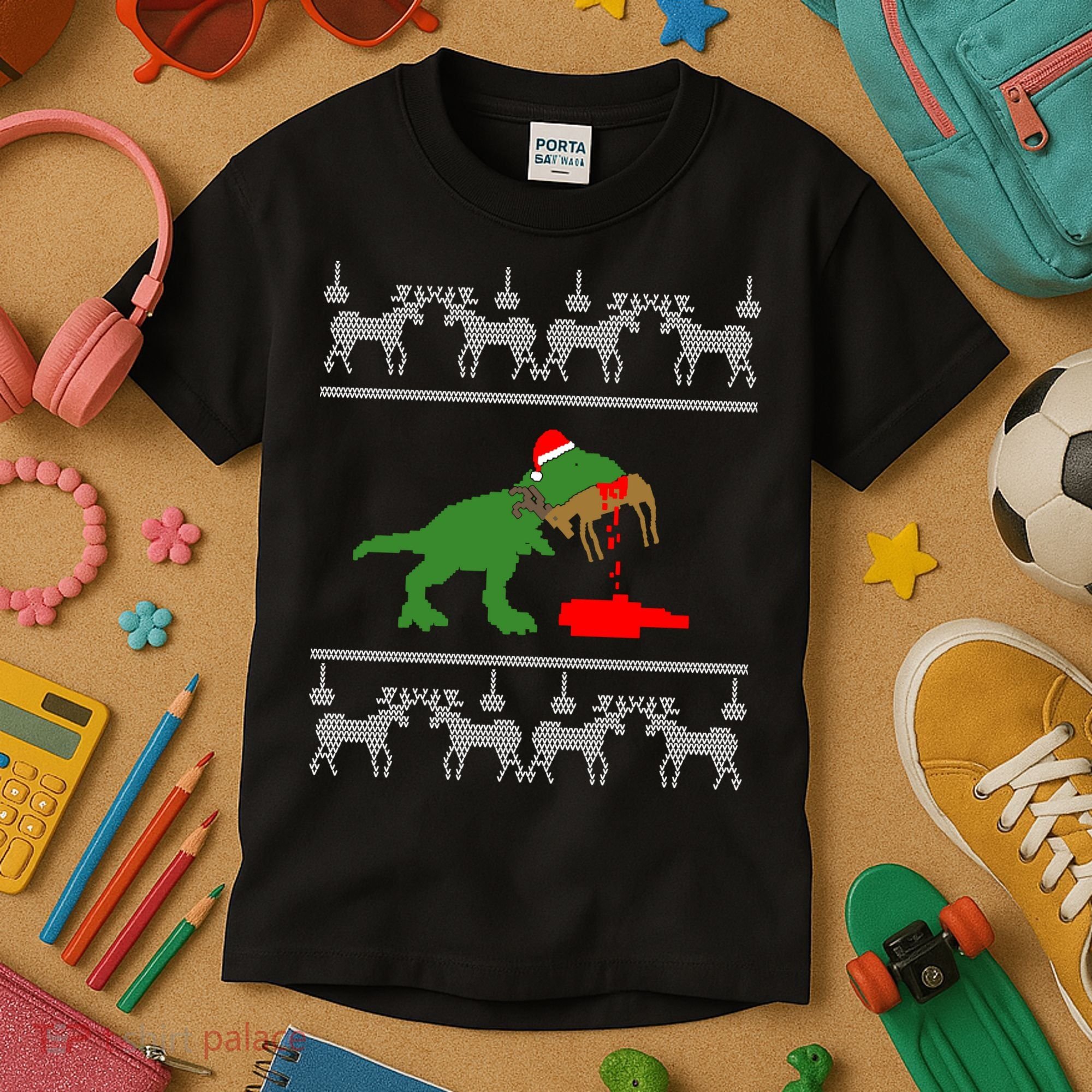Trex Eating Deer Hunter Ugly Christmas Kids T-Shirt