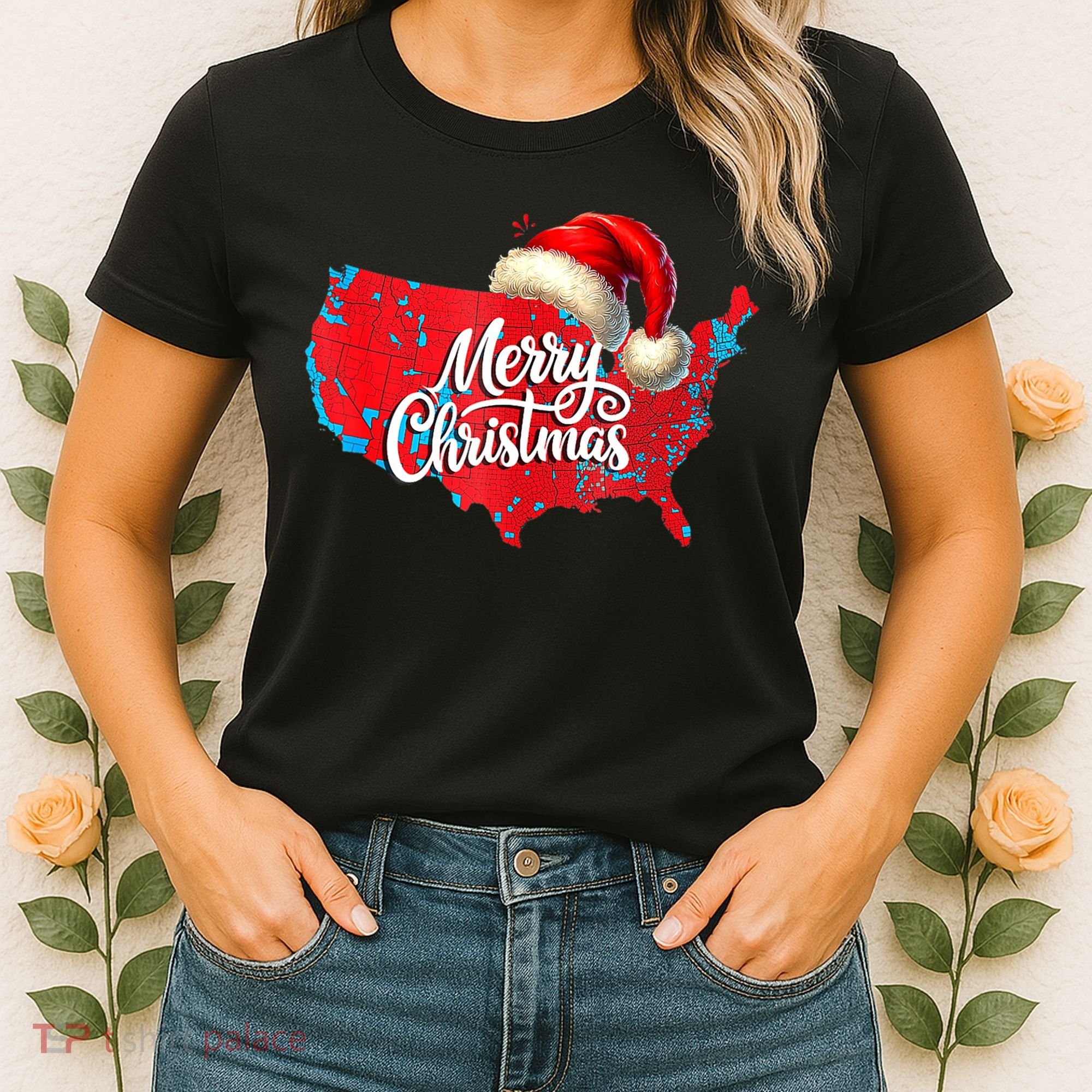 Trump Election Map Merry Christmas Holiday Santa Hat Xmas Women's T-Shirt