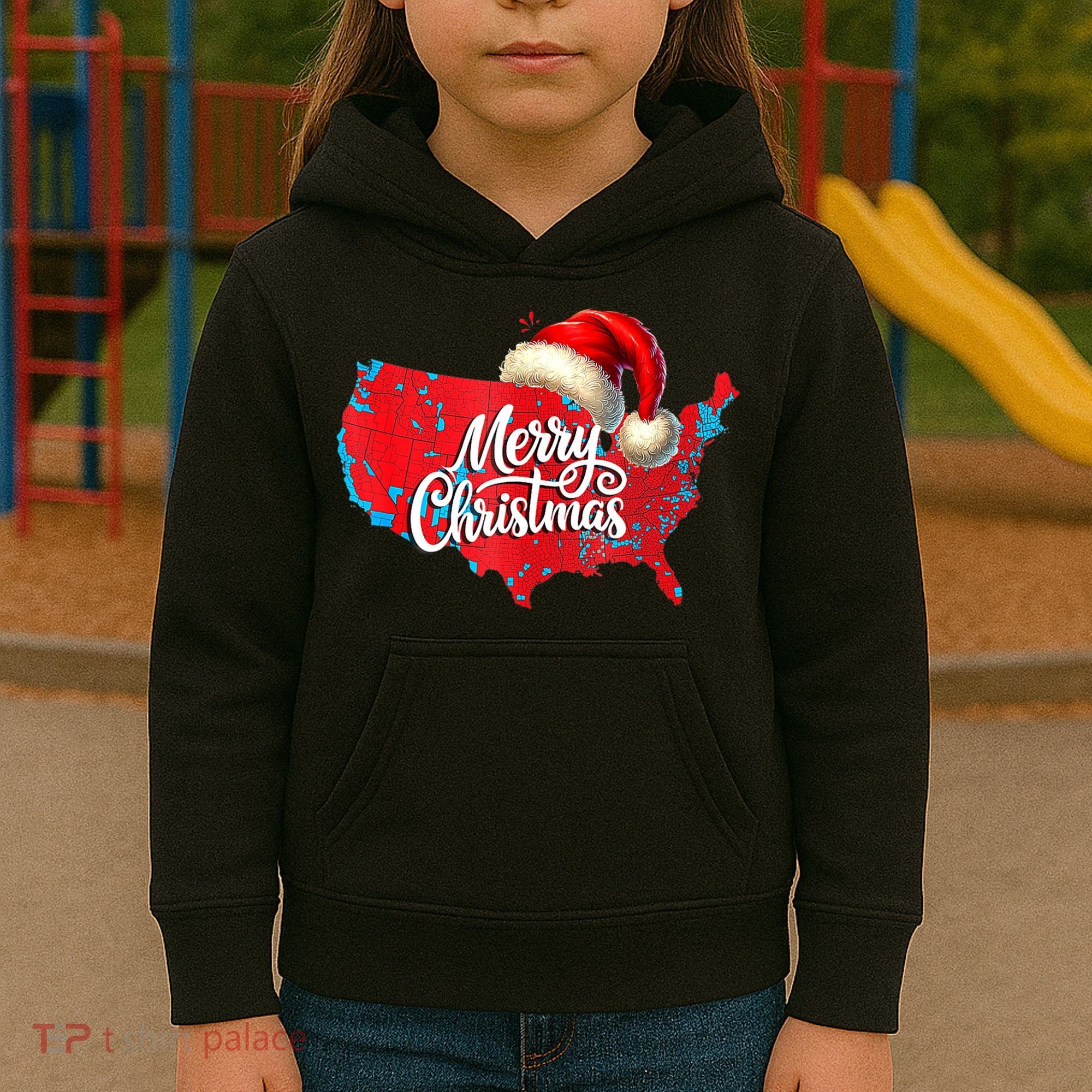 Trump Election Map Merry Christmas Holiday Santa Hat Xmas Kids Hoodie