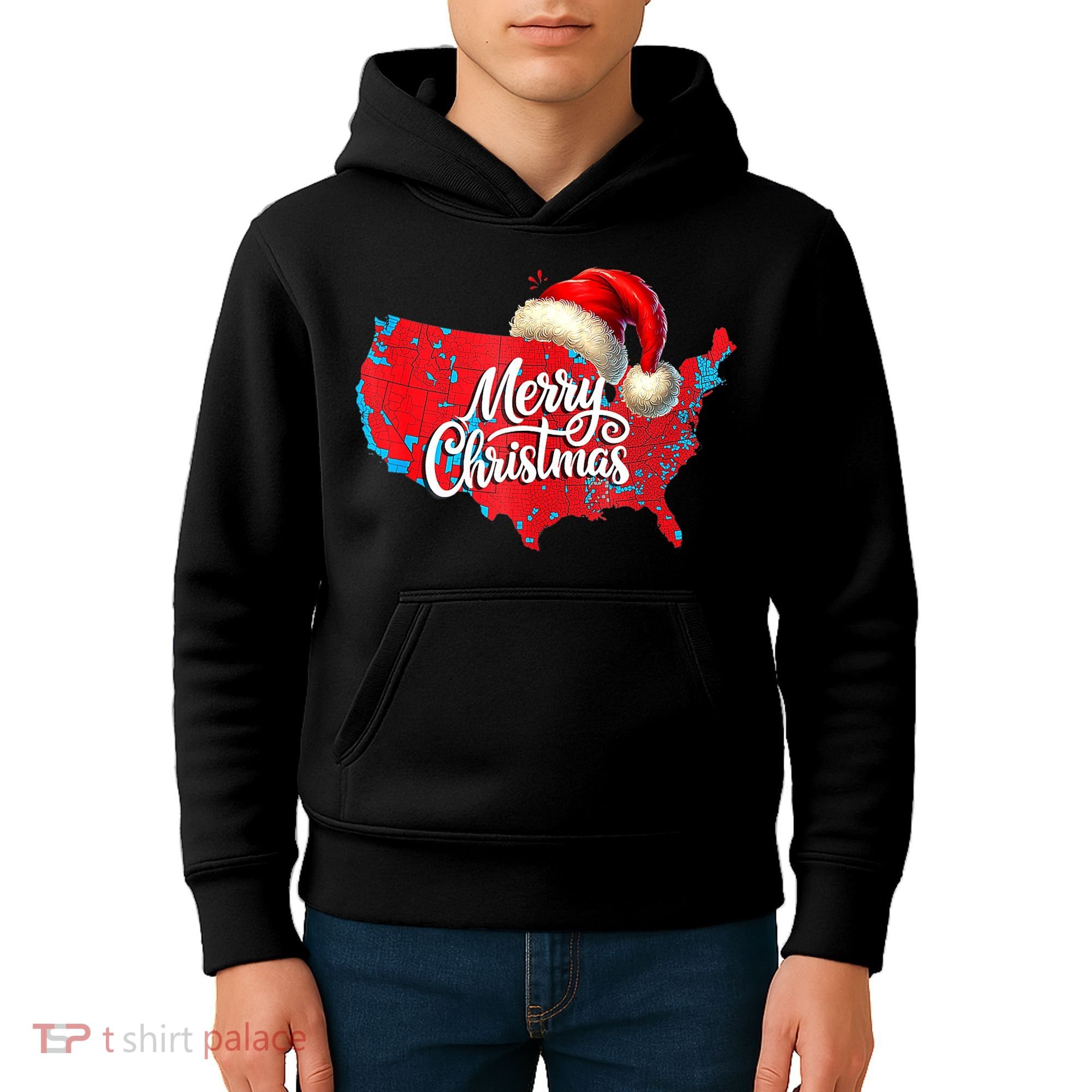 Trump Election Map Merry Christmas Holiday Santa Hat Xmas Kids Hoodie