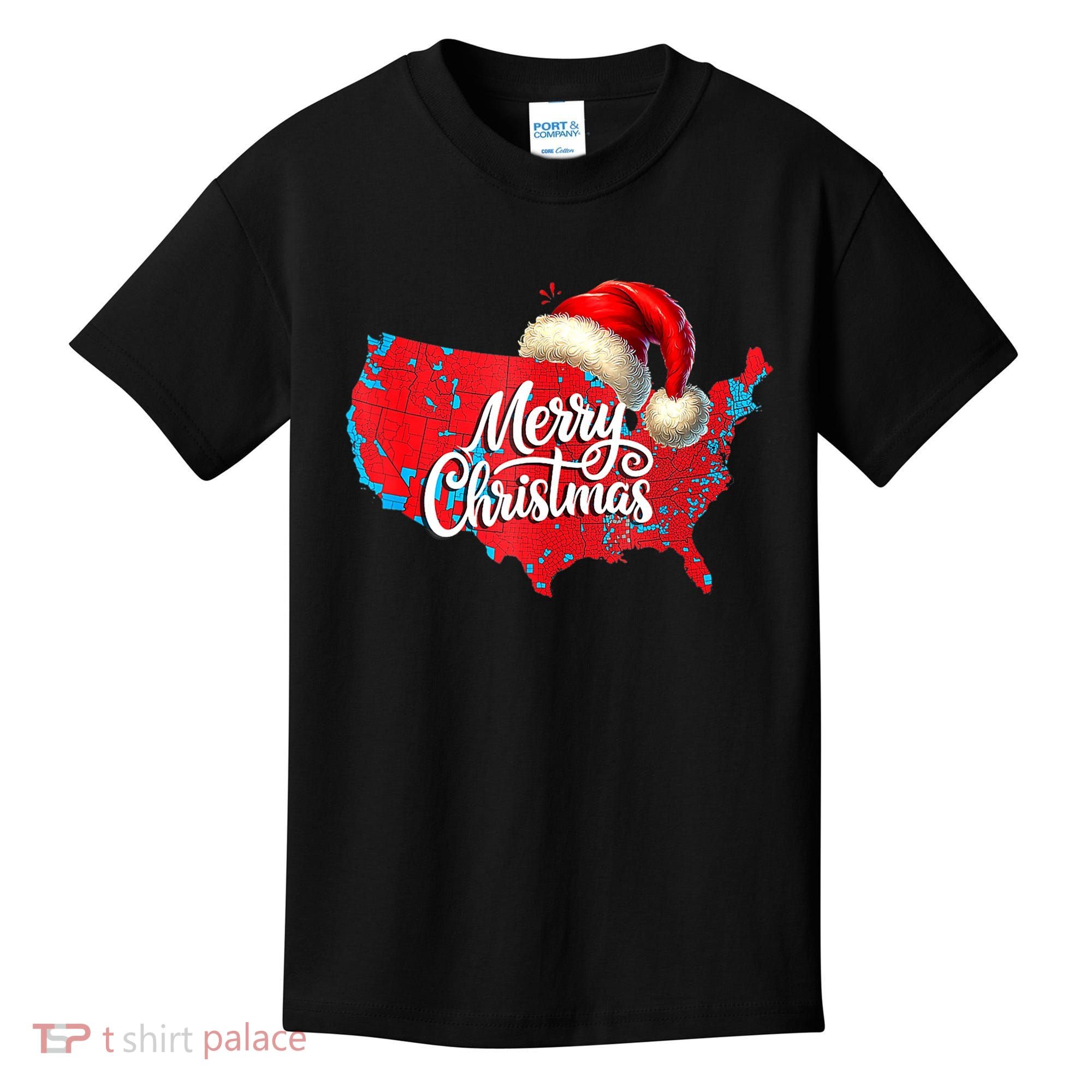 Trump Election Map Merry Christmas Holiday Santa Hat Xmas Kids T-Shirt