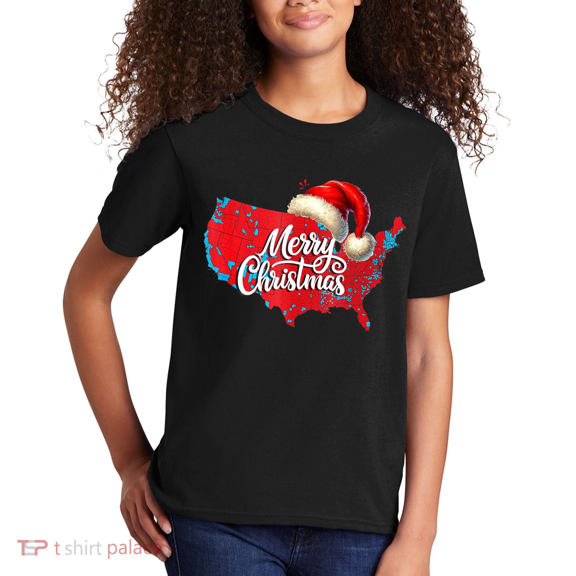 Trump Election Map Merry Christmas Holiday Santa Hat Xmas Kids T-Shirt