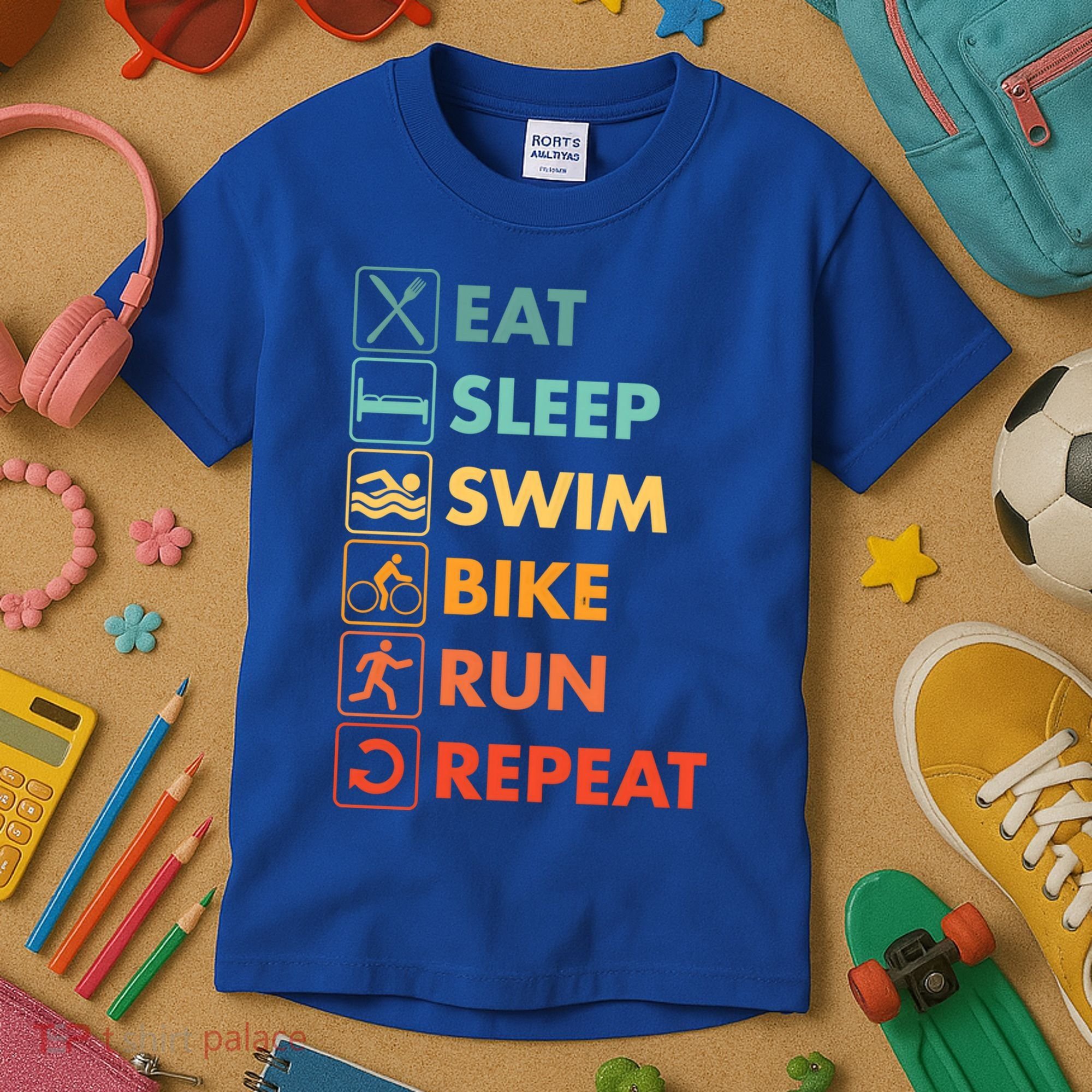 Triathlon Eat Sleep Swim Bike Run Repeat Cute Gift Kids T-Shirt