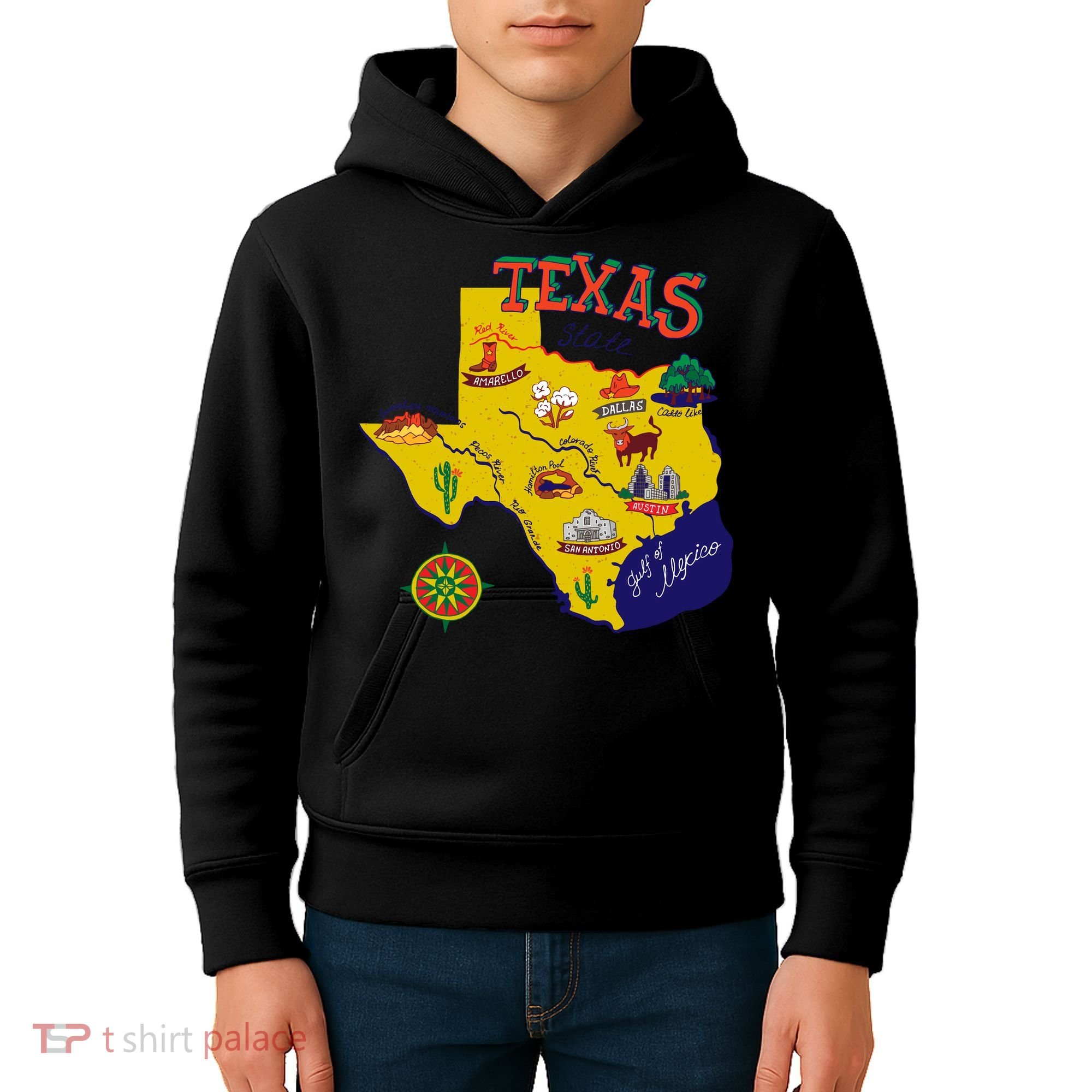 Texas Cartoon Map Kids Hoodie