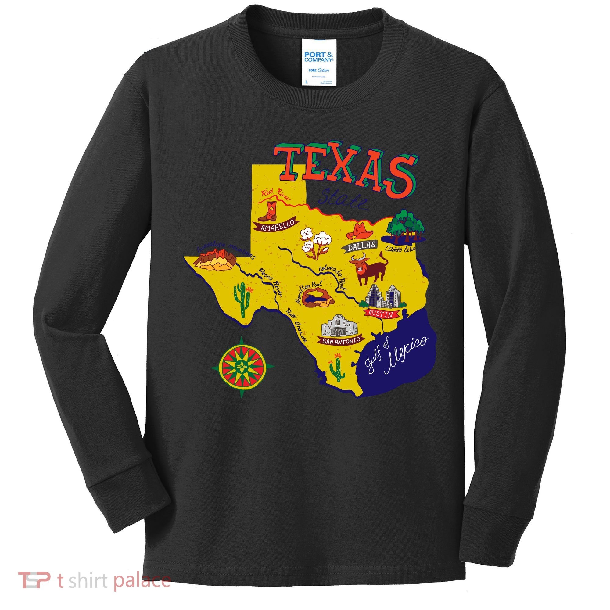Texas Cartoon Map Kids Long Sleeve Shirt