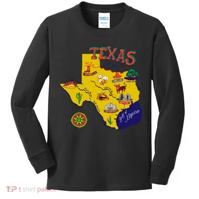 Texas Cartoon Map Kids Long Sleeve Shirt