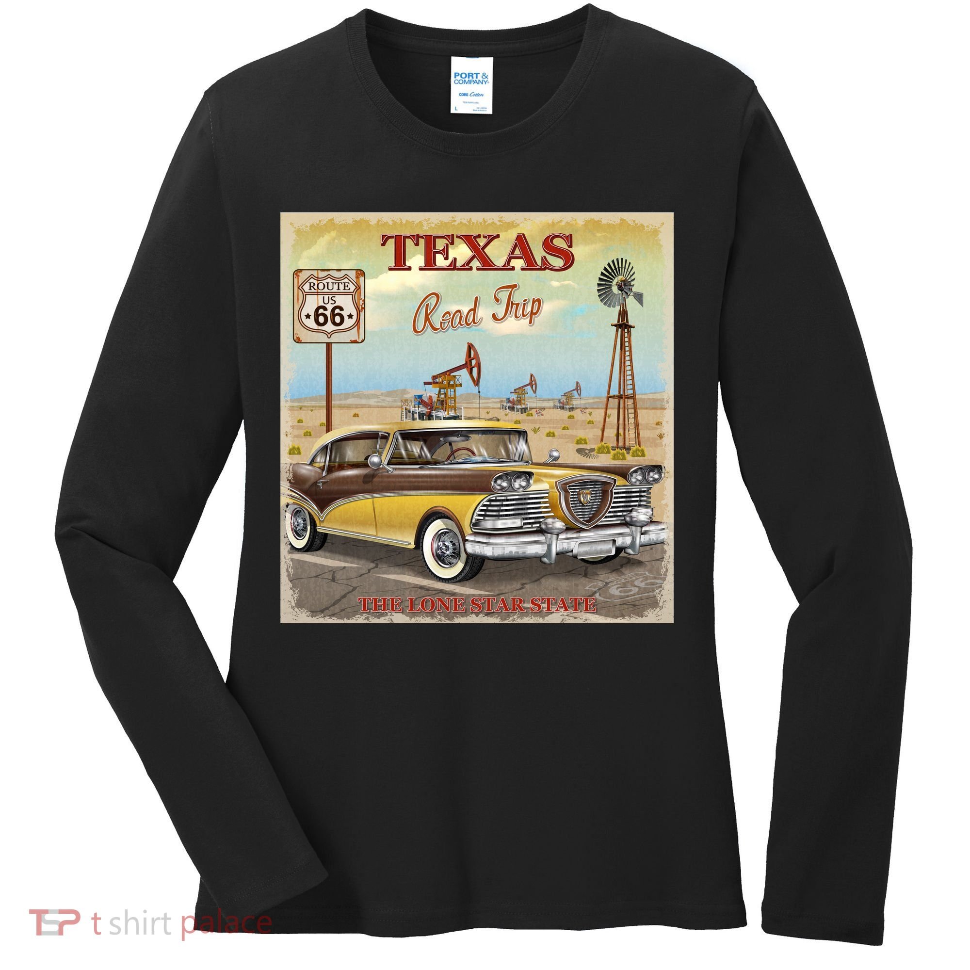 Texas Road Trip Route 66 Classic Car Women's Long Sleeve Shirt