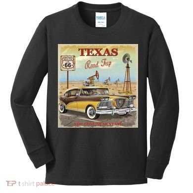 Texas Road Trip Route 66 Classic Car Kids Long Sleeve Shirt