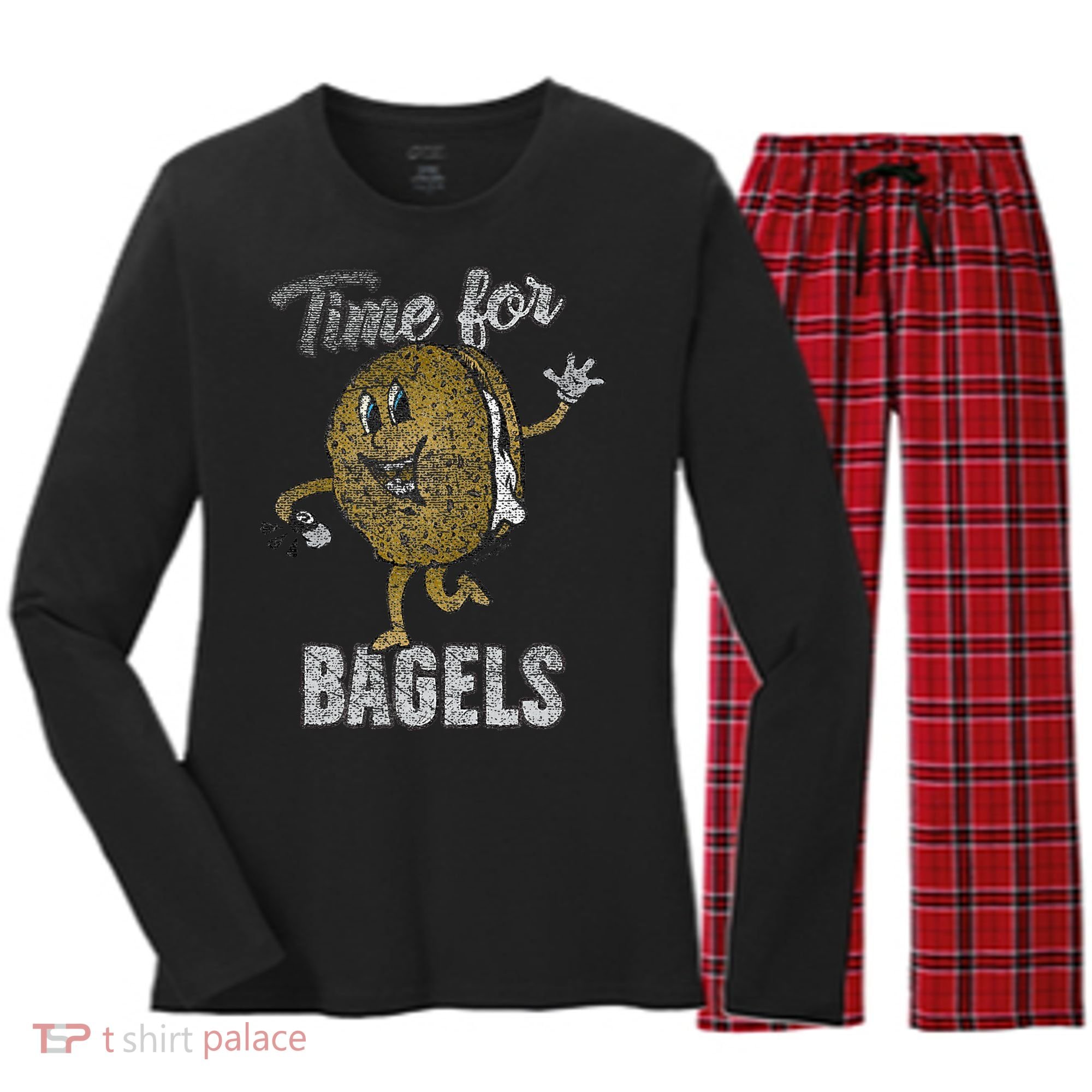 Time For Bagels Breakfast Food Women's Long Sleeve Flannel Pajama Set 