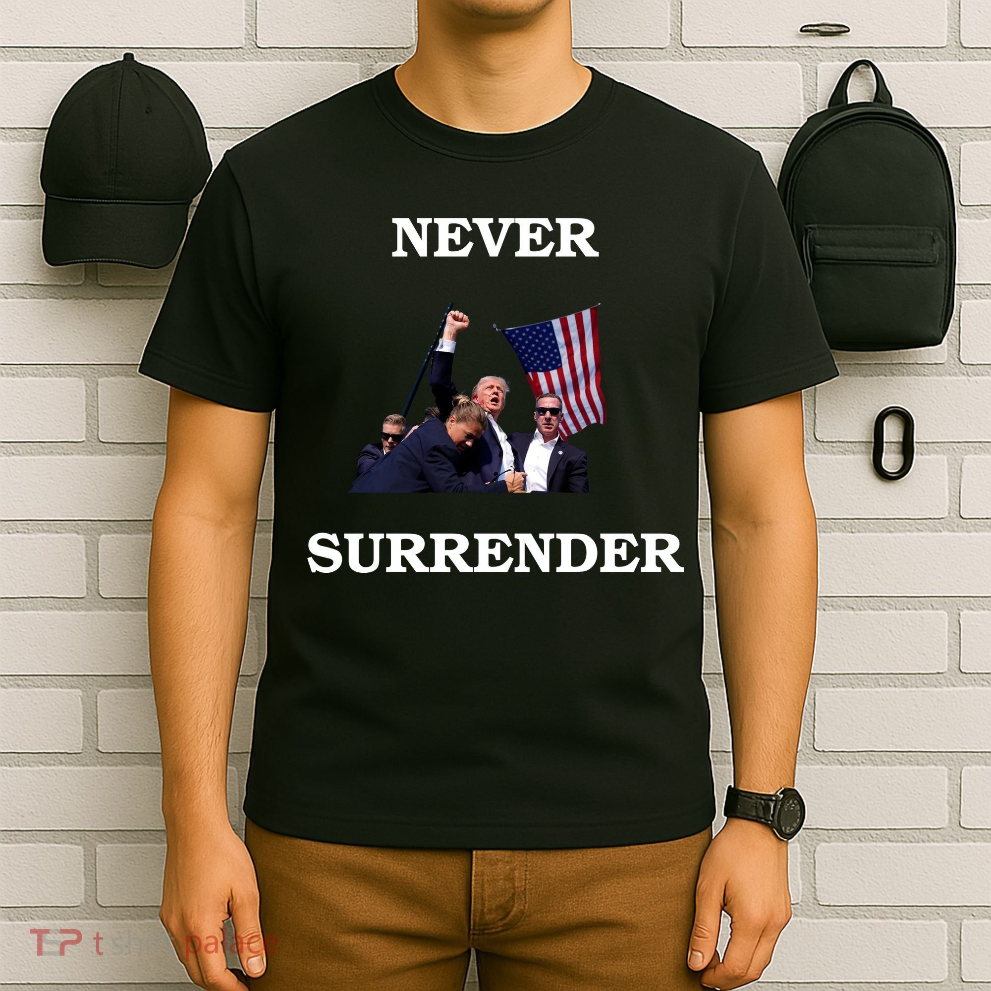 Trump Fist Bump In Air Never Surrender 2024 T-Shirt
