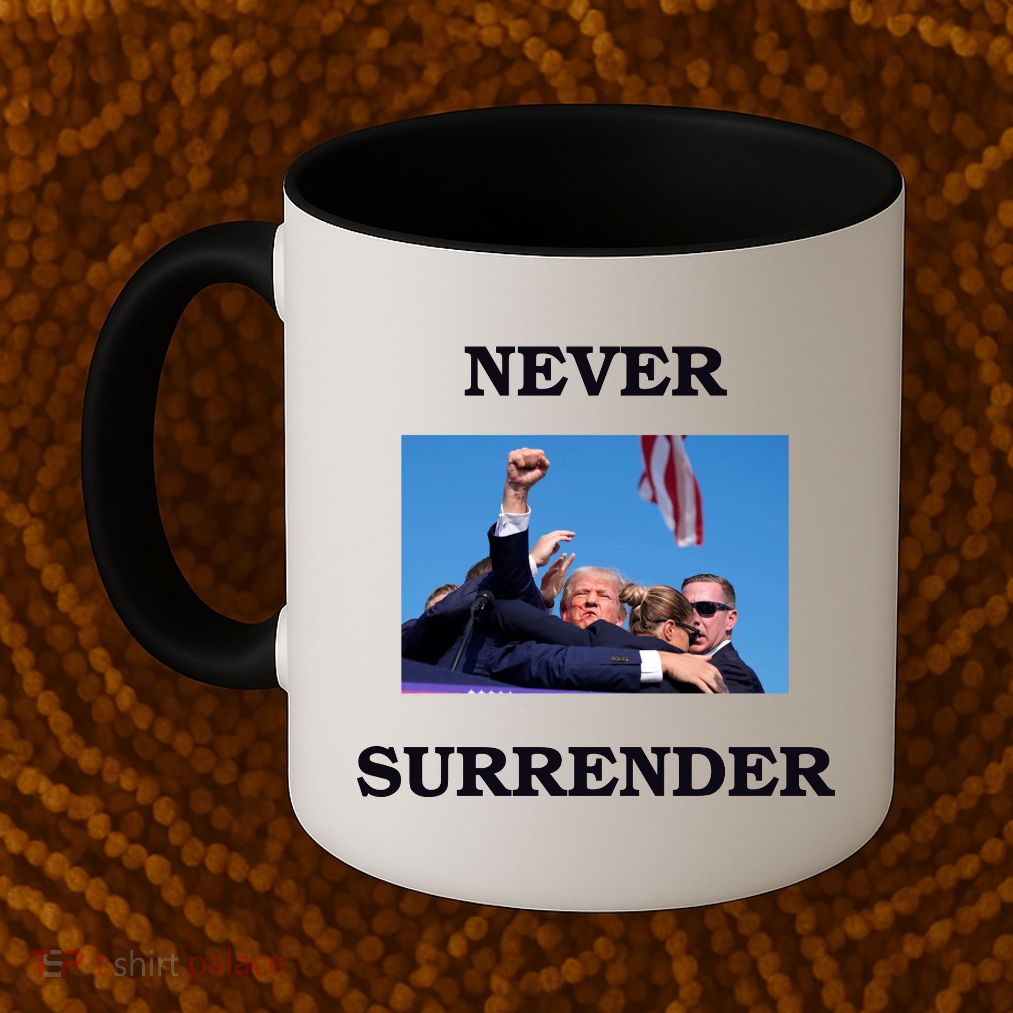 Trump Fist Bump In Air Never Surrender 2024 Coffee Mug