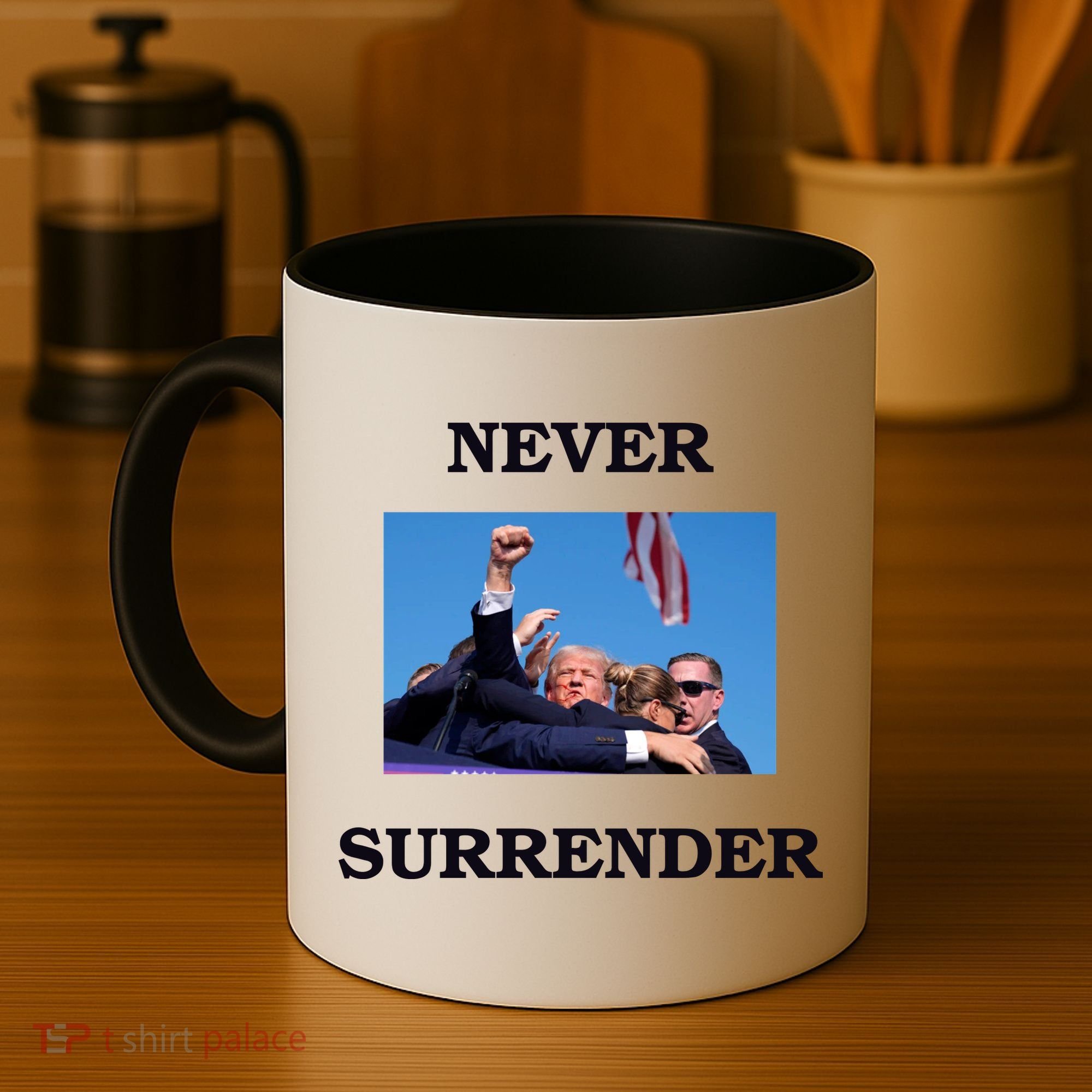 Trump Fist Bump In Air Never Surrender 2024 Coffee Mug