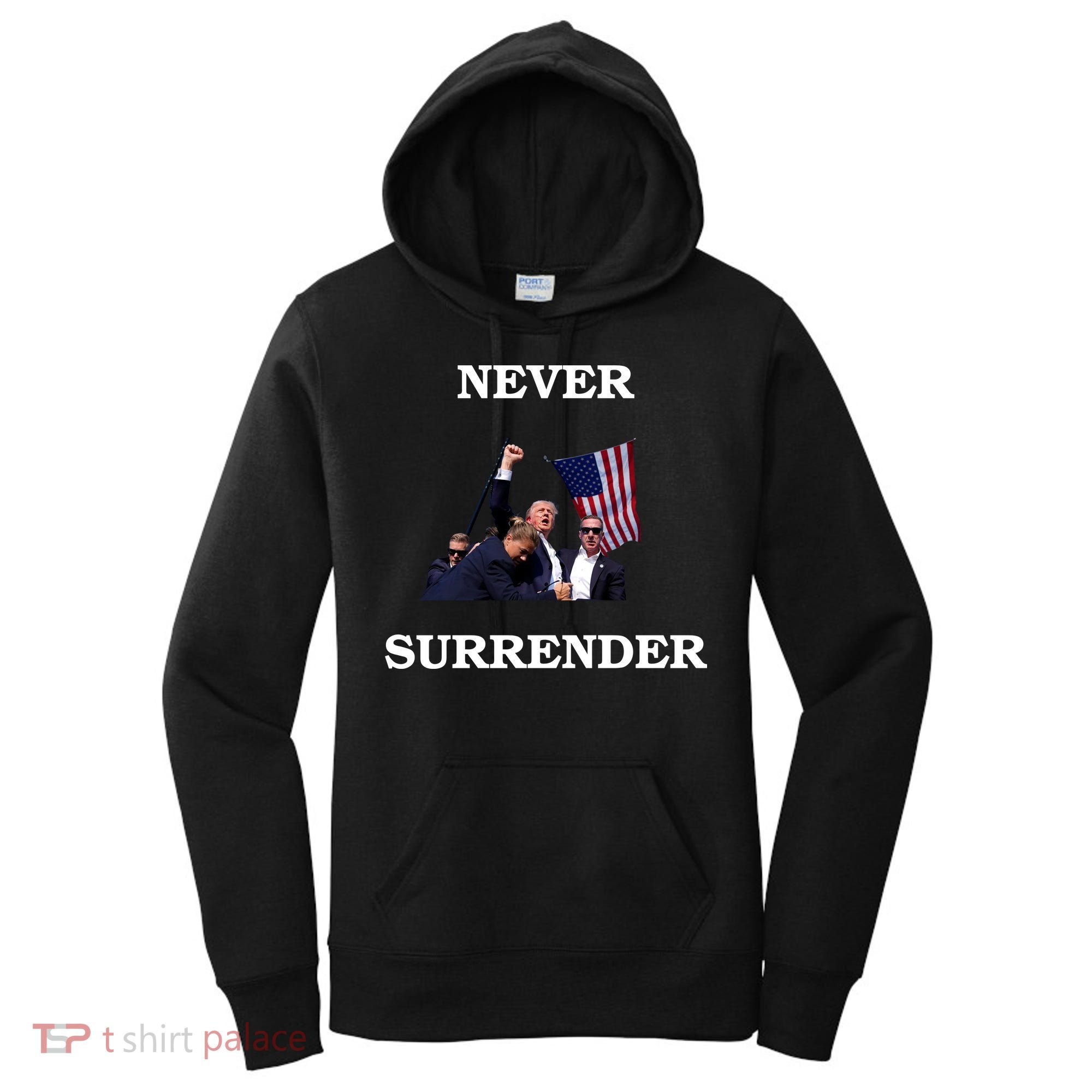 Trump Fist Bump In Air Never Surrender 2024 Women's Hoodie