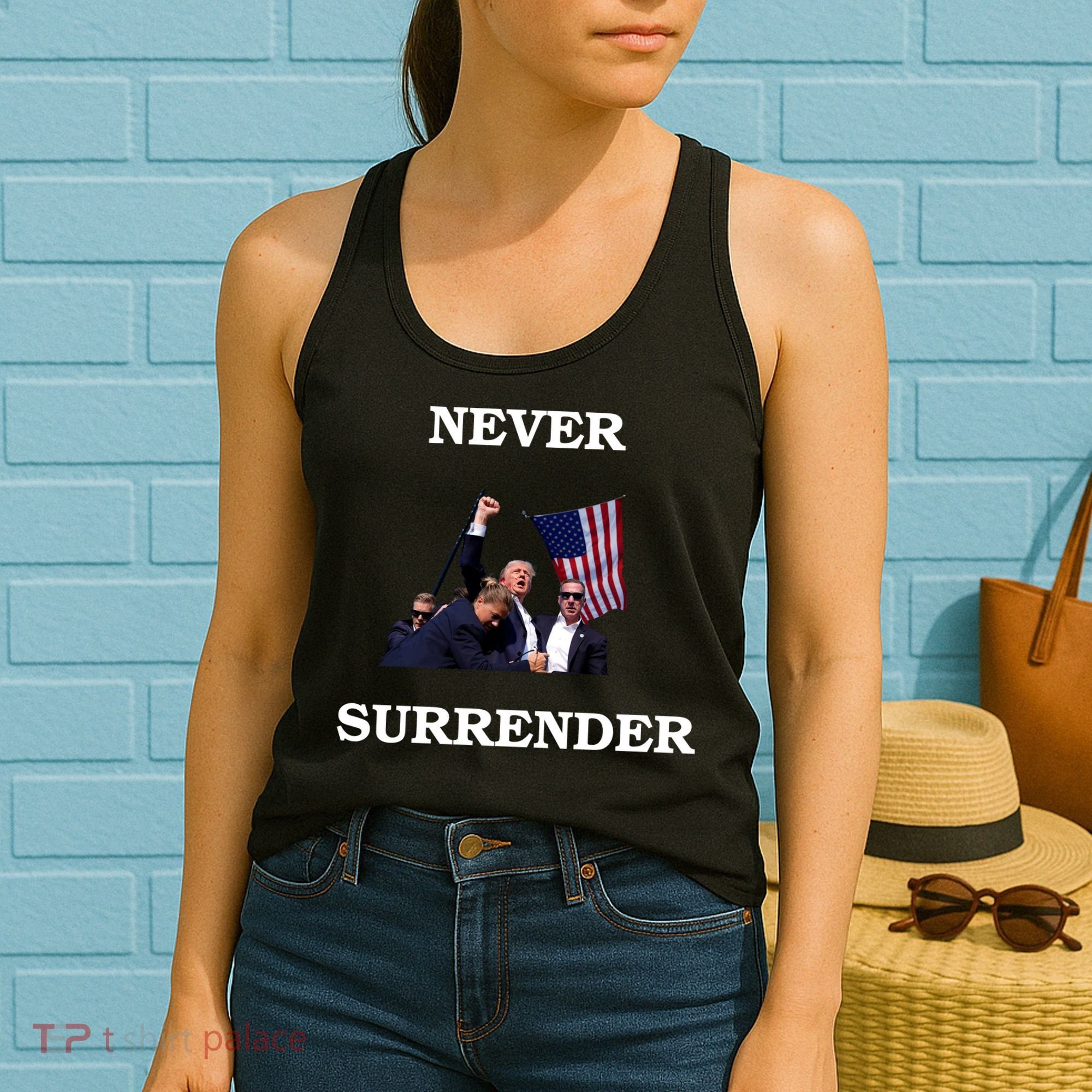 Trump Fist Bump In Air Never Surrender 2024 Women's Tank Top
