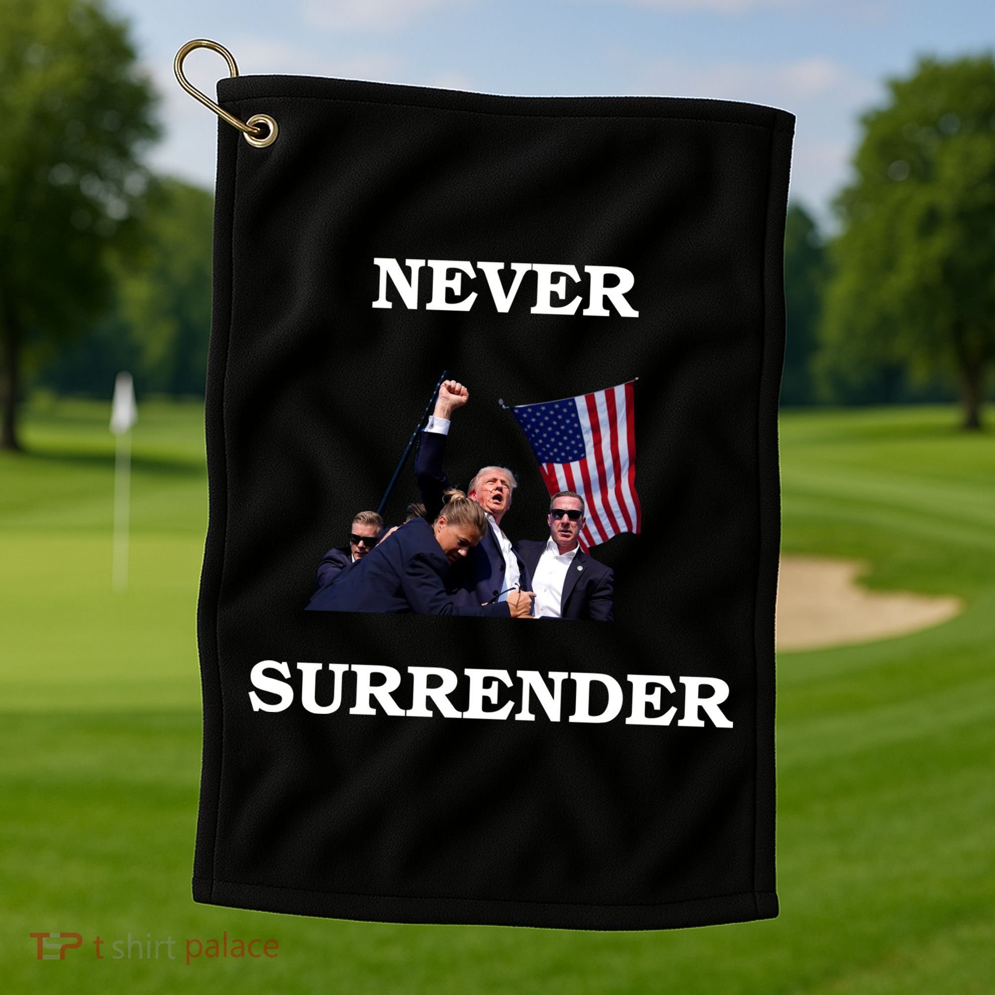 Trump Fist Bump In Air Never Surrender 2024 Golf Towel