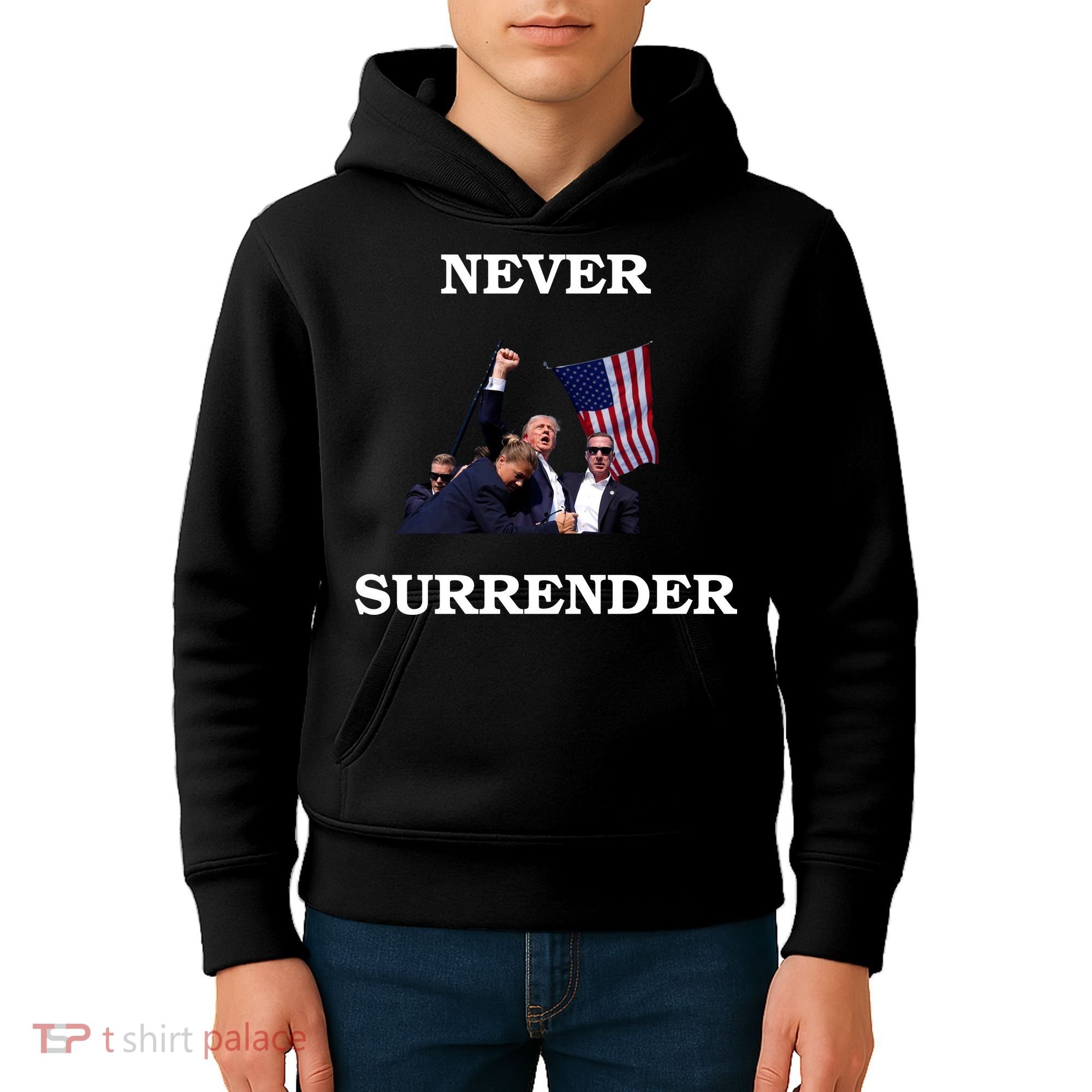 Trump Fist Bump In Air Never Surrender 2024 Kids Hoodie