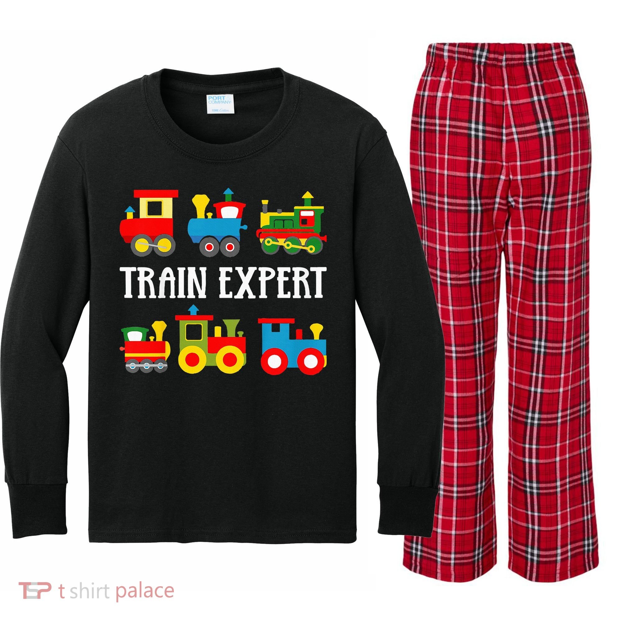 Trains Funny Boy Train Expert Kids Long Sleeve Plaid Pajama Set