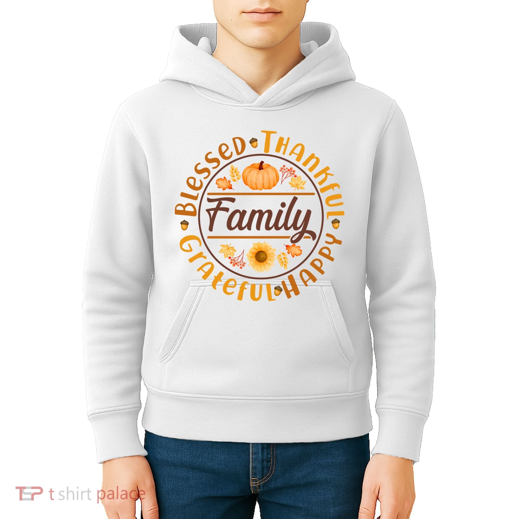 Thanksgiving Family Blessed Thankful Grateful Happy Emblem Kids Hoodie