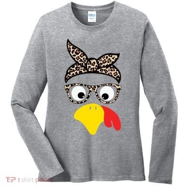Turkey Face Cheetah Cute Thanksgiving Women's Long Sleeve Shirt