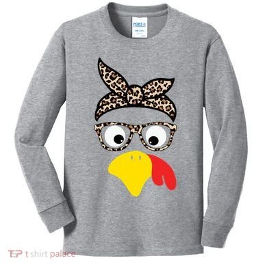Turkey Face Cheetah Cute Thanksgiving Kids Long Sleeve Shirt