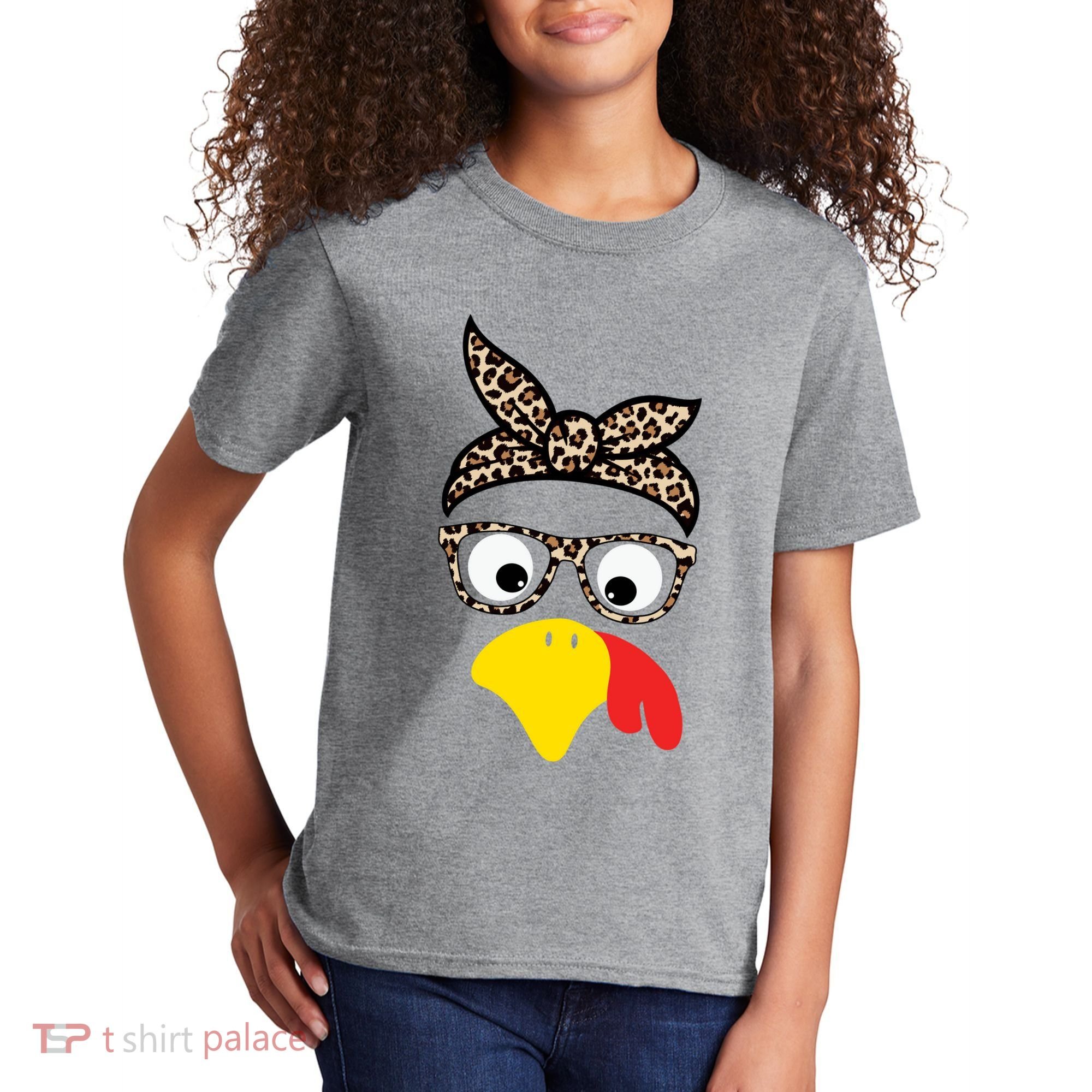 Turkey Face Cheetah Cute Thanksgiving Kids T-Shirt