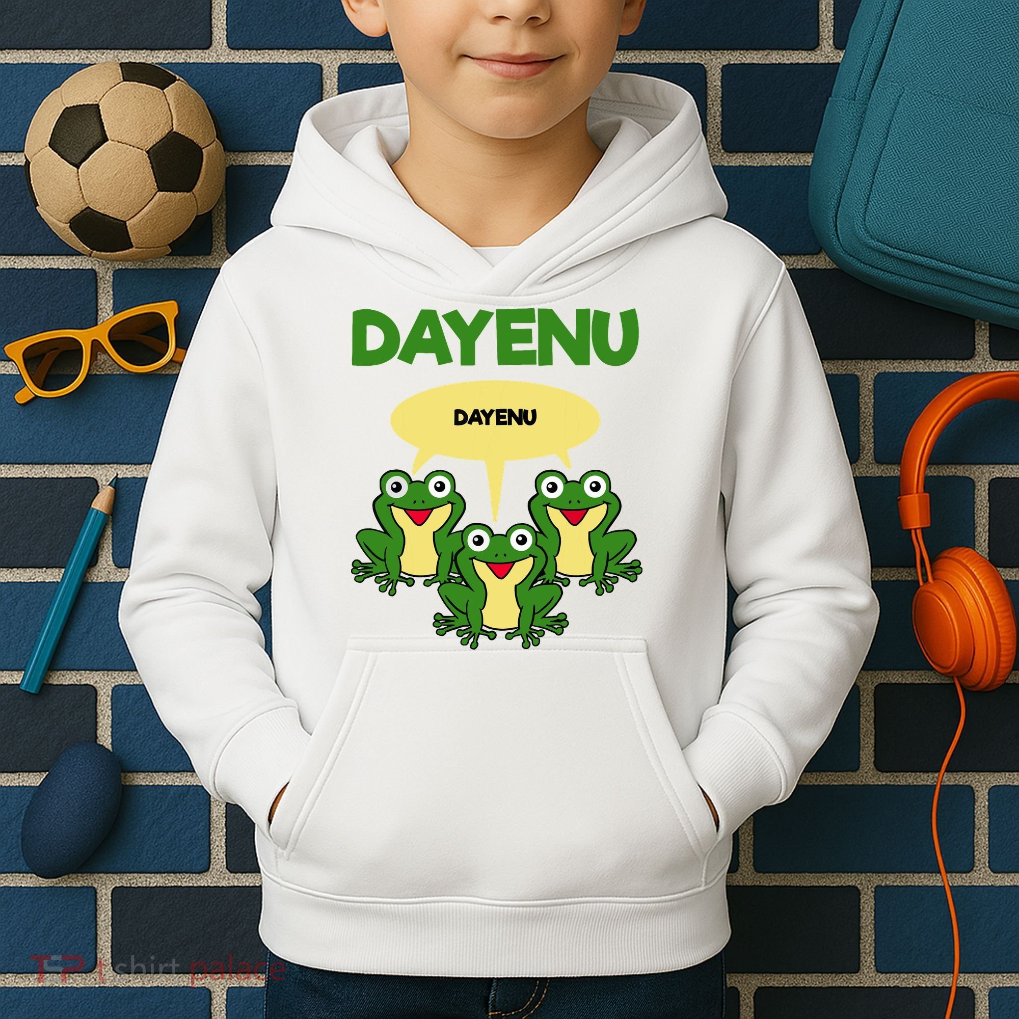 Three Frogs Dayenu Funny Pesach Passover Kids Hoodie