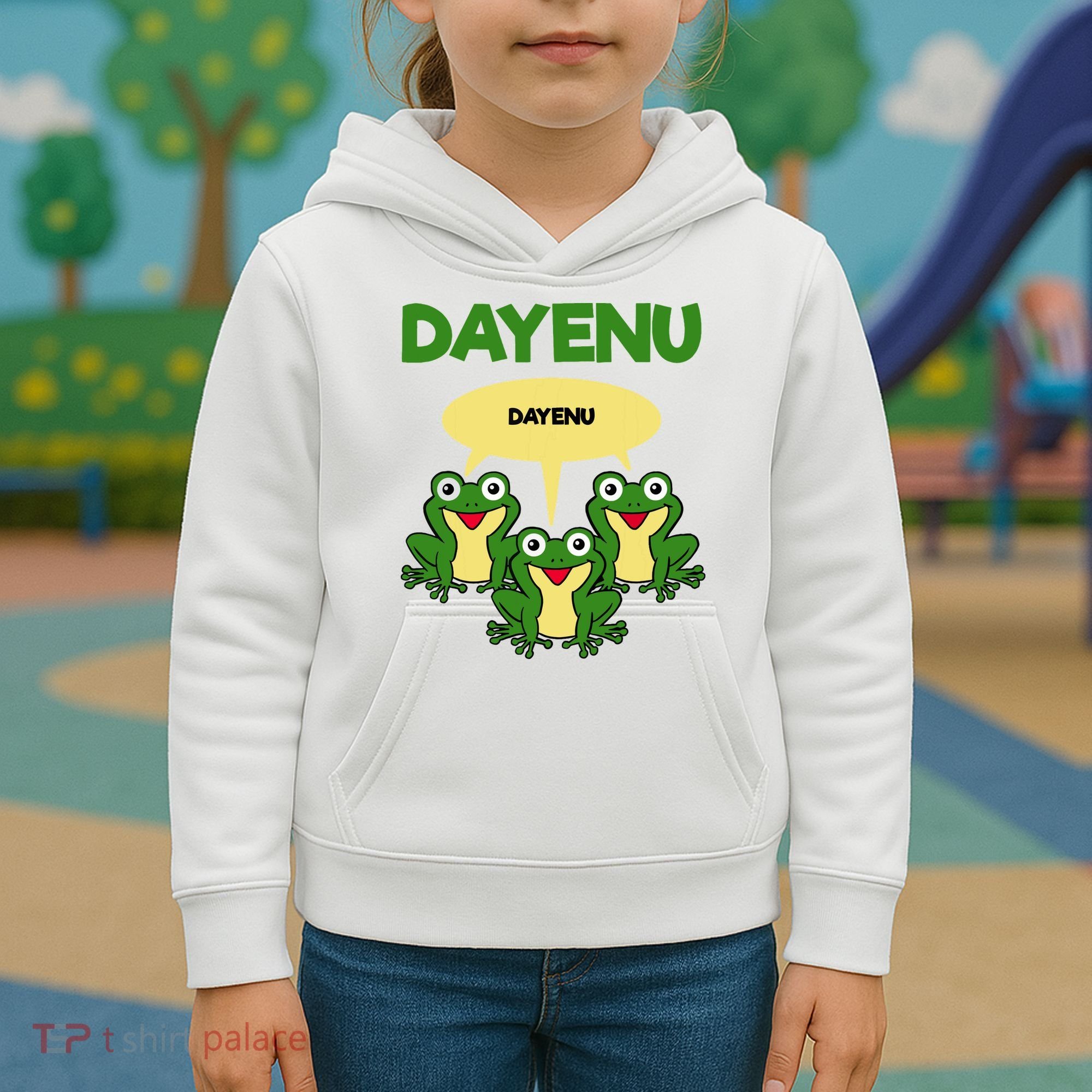 Three Frogs Dayenu Funny Pesach Passover Kids Hoodie