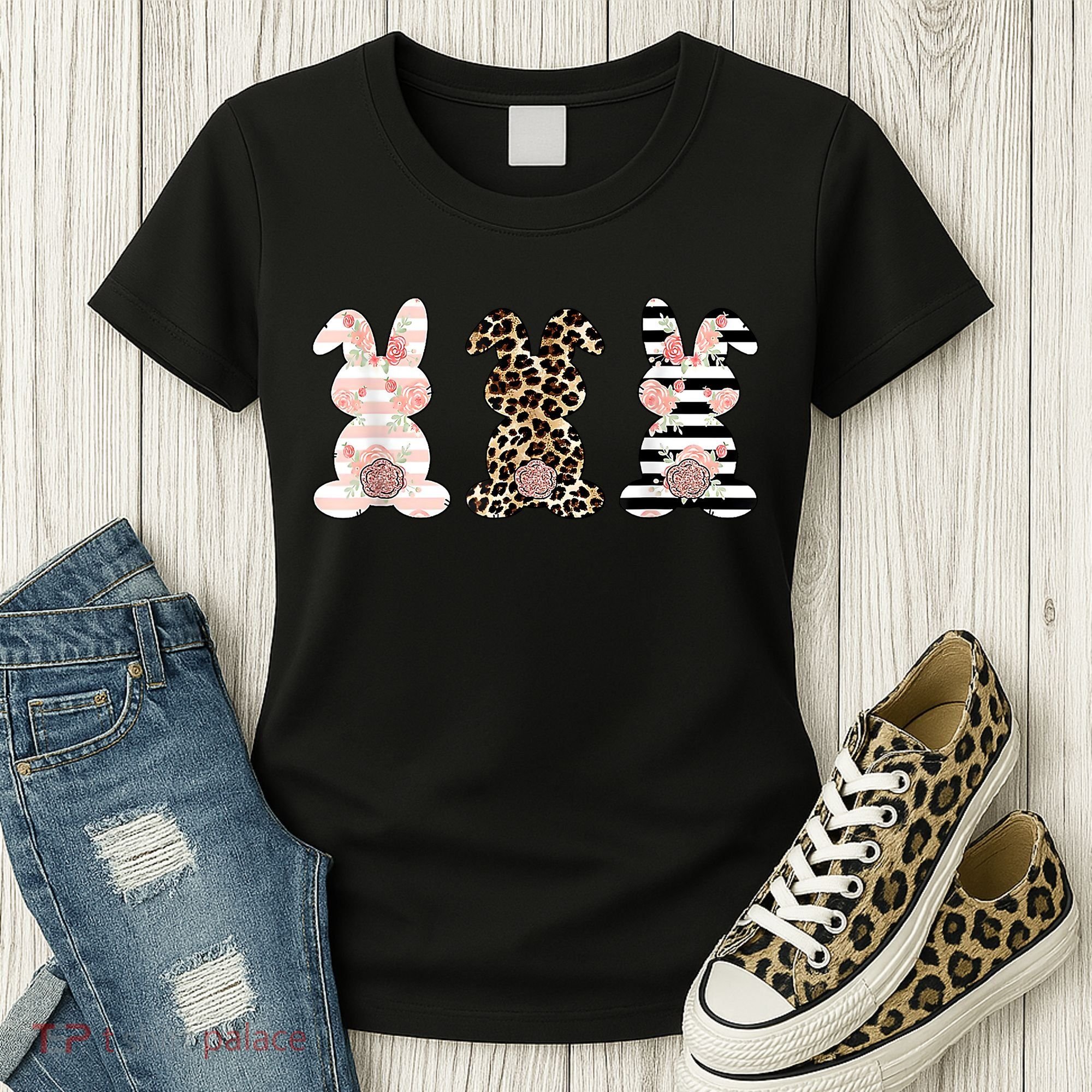 Trio Floral Easter Bunny Cute Women's T-Shirt