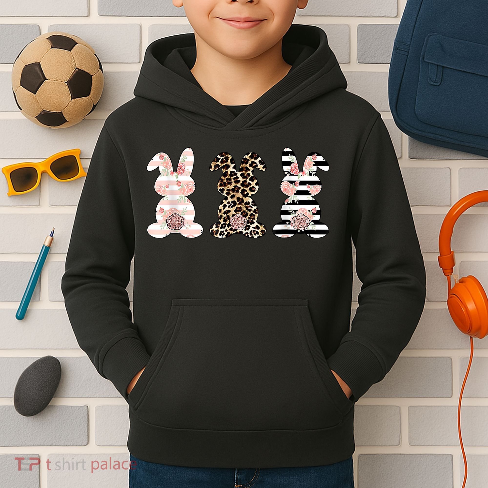 Trio Floral Easter Bunny Cute Kids Hoodie