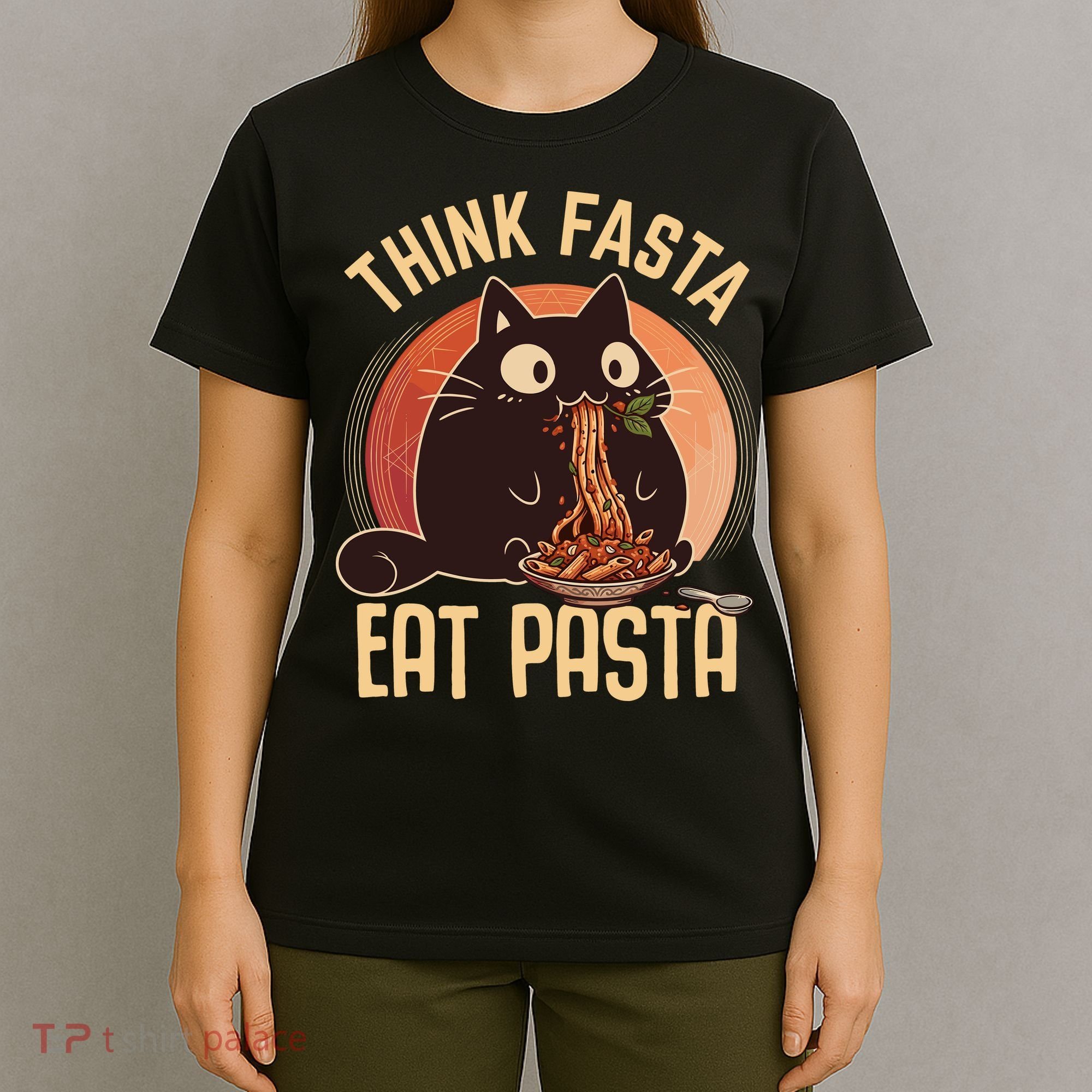 Think Fasta Eat Pasta Cat T-Shirt