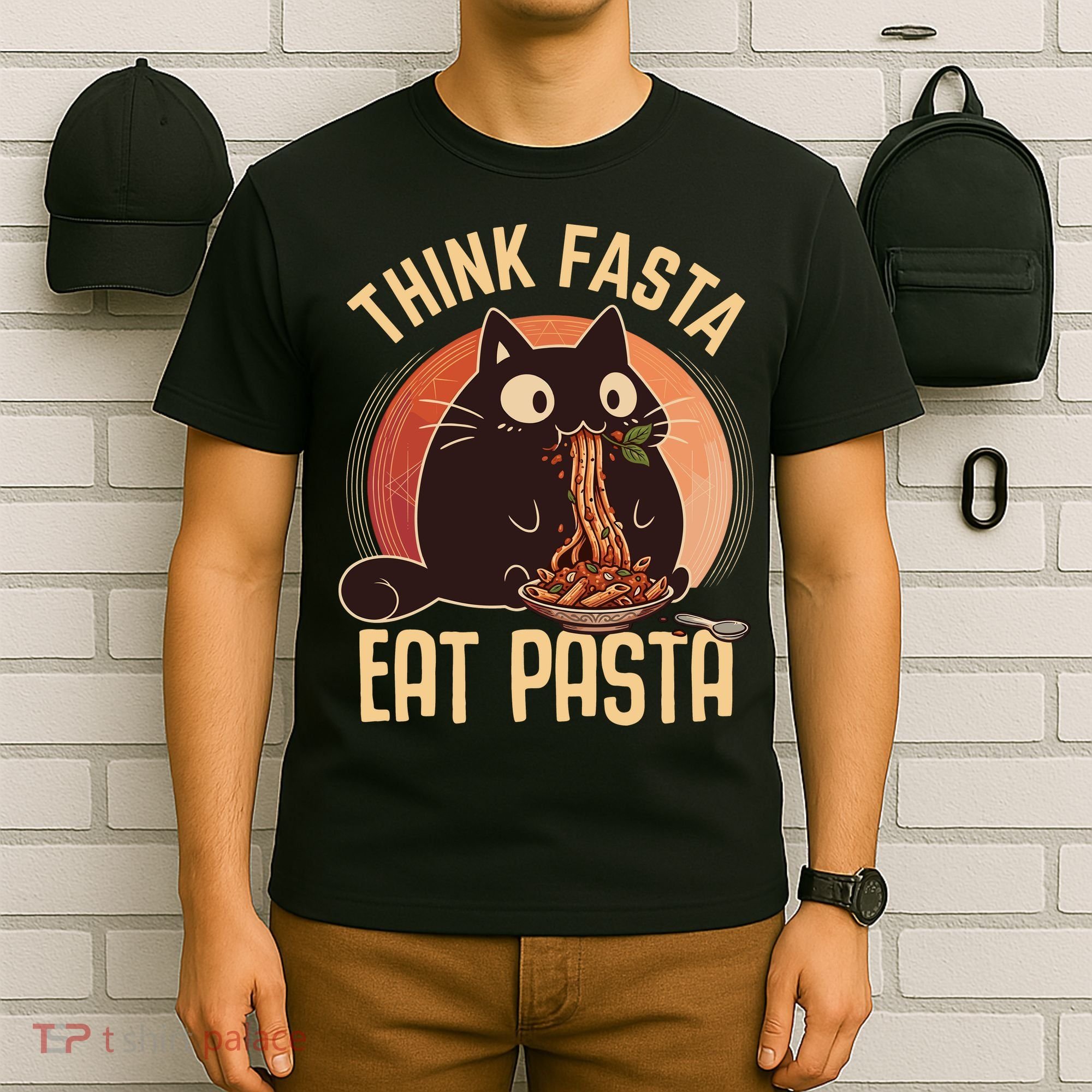 Think Fasta Eat Pasta Cat T-Shirt