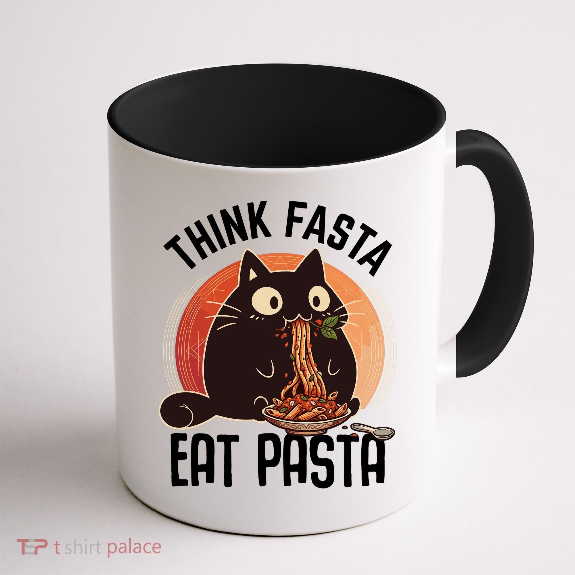 Think Fasta Eat Pasta Cat Coffee Mug
