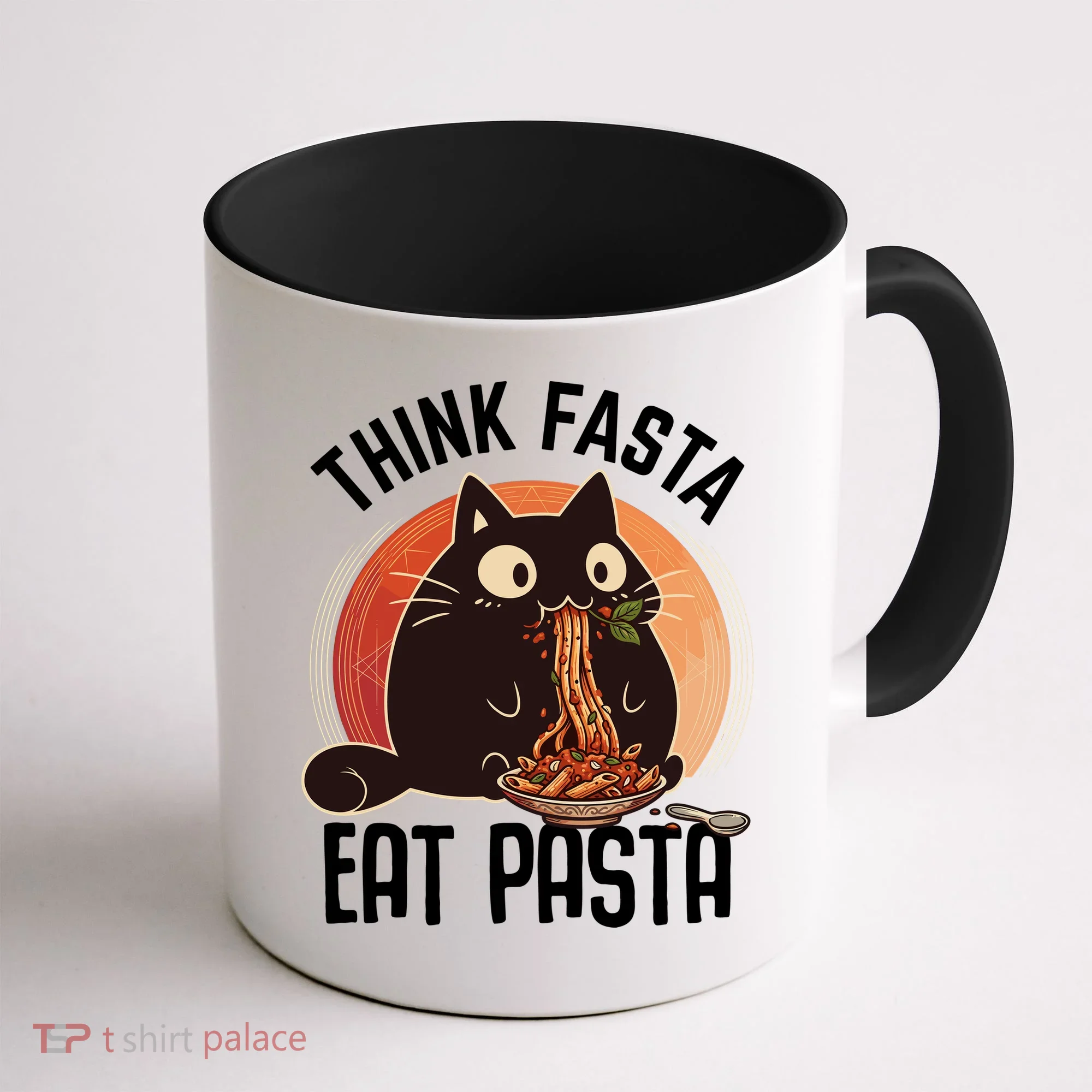 Think Fasta Eat Pasta Cat Coffee Mug
