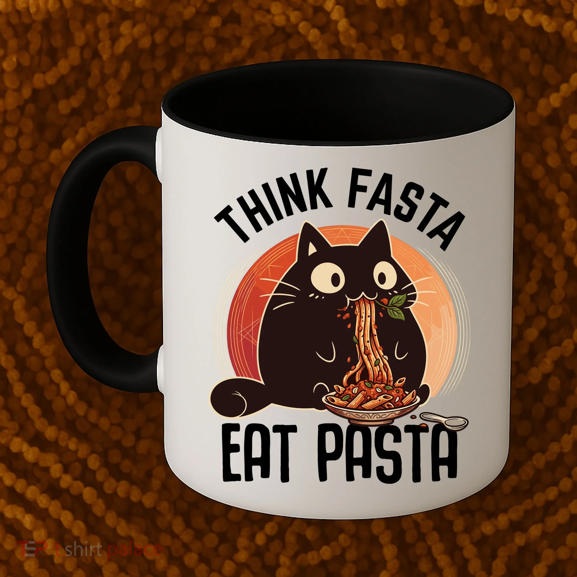 Think Fasta Eat Pasta Cat Coffee Mug