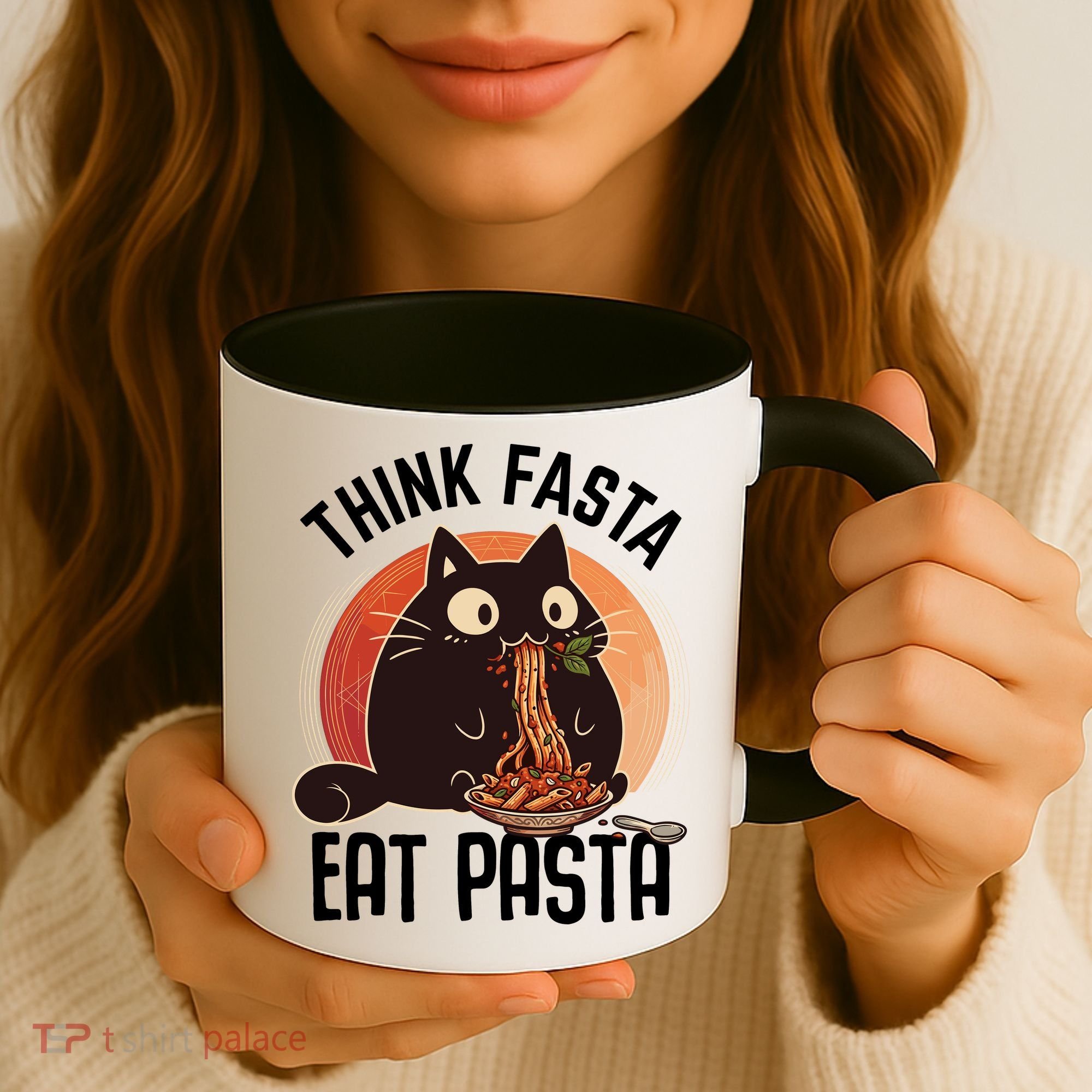Think Fasta Eat Pasta Cat Coffee Mug