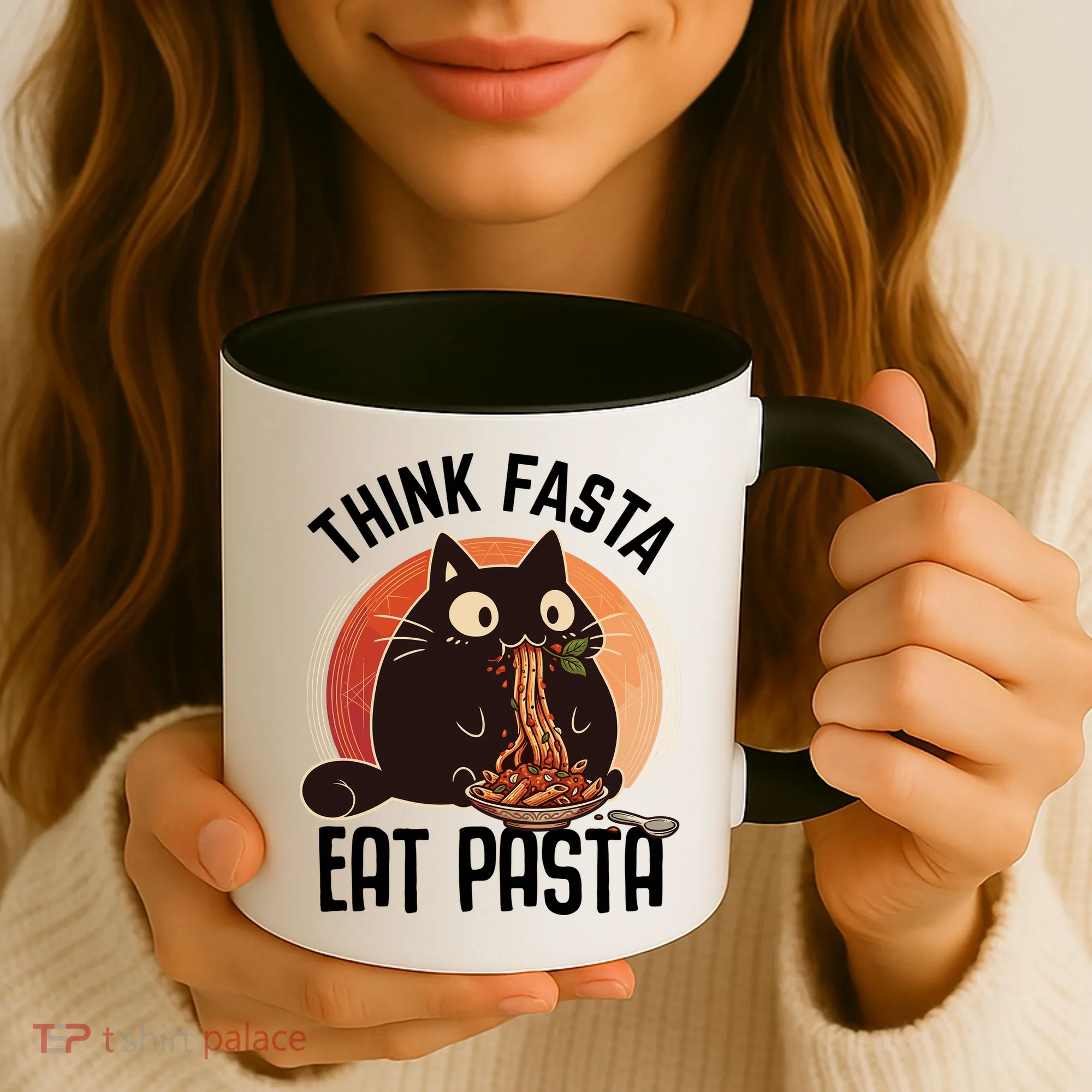 Think Fasta Eat Pasta Cat Coffee Mug