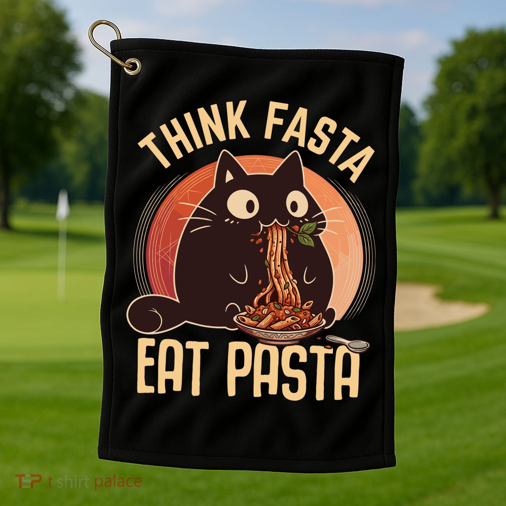 Think Fasta Eat Pasta Cat Golf Towel