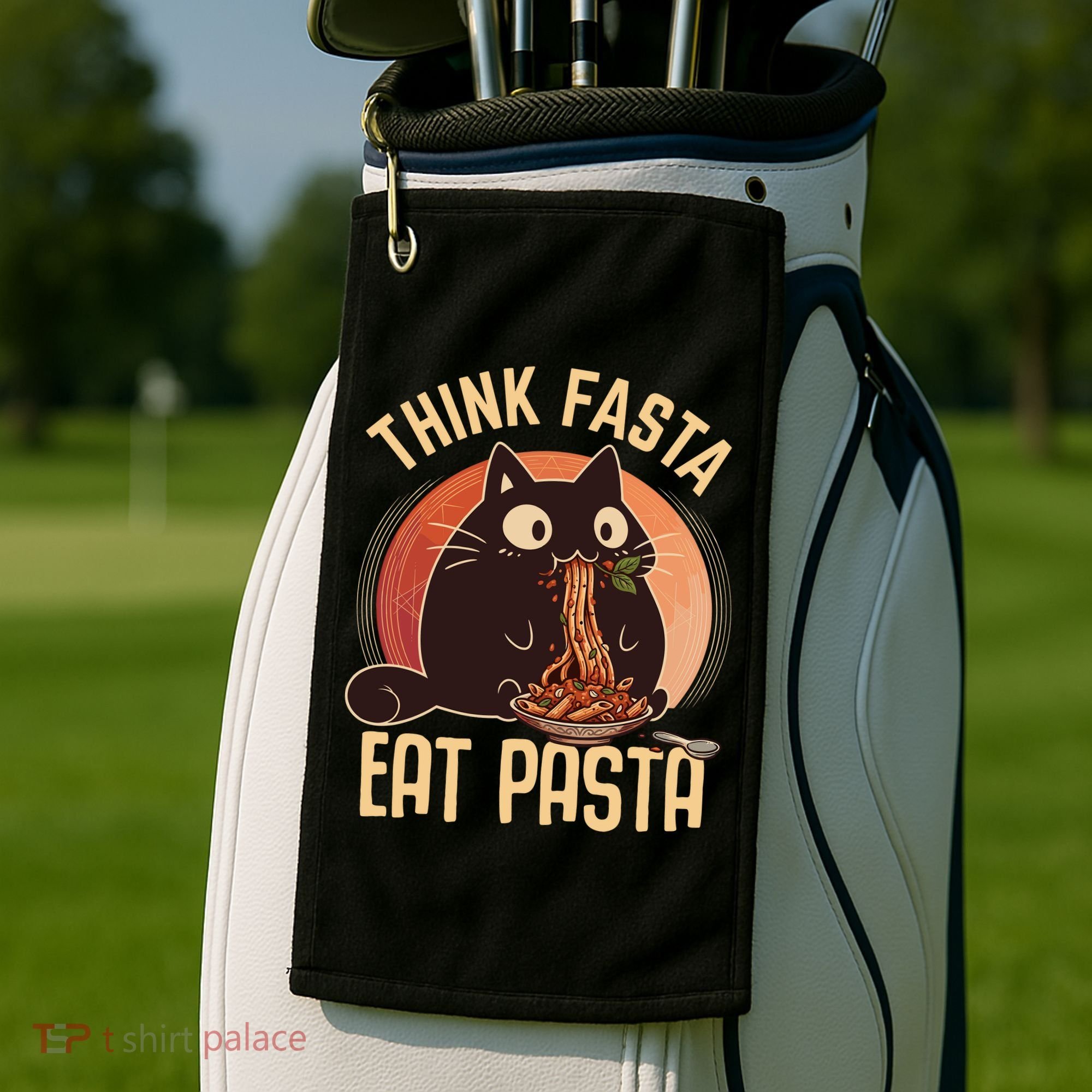 Think Fasta Eat Pasta Cat Golf Towel