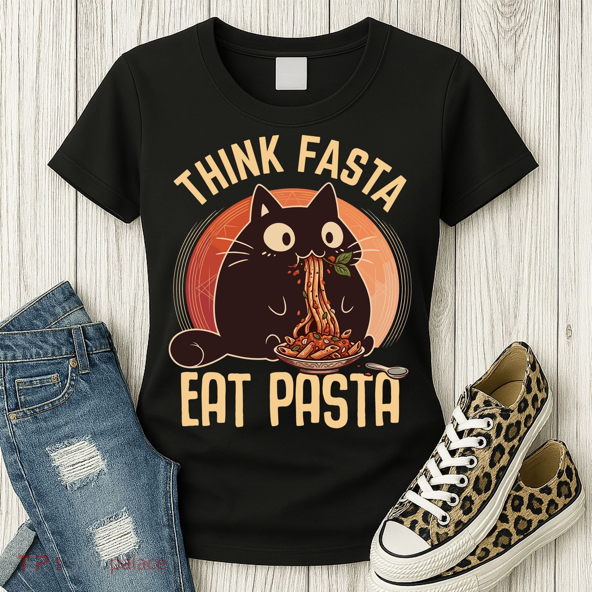 Think Fasta Eat Pasta Cat Women's T-Shirt