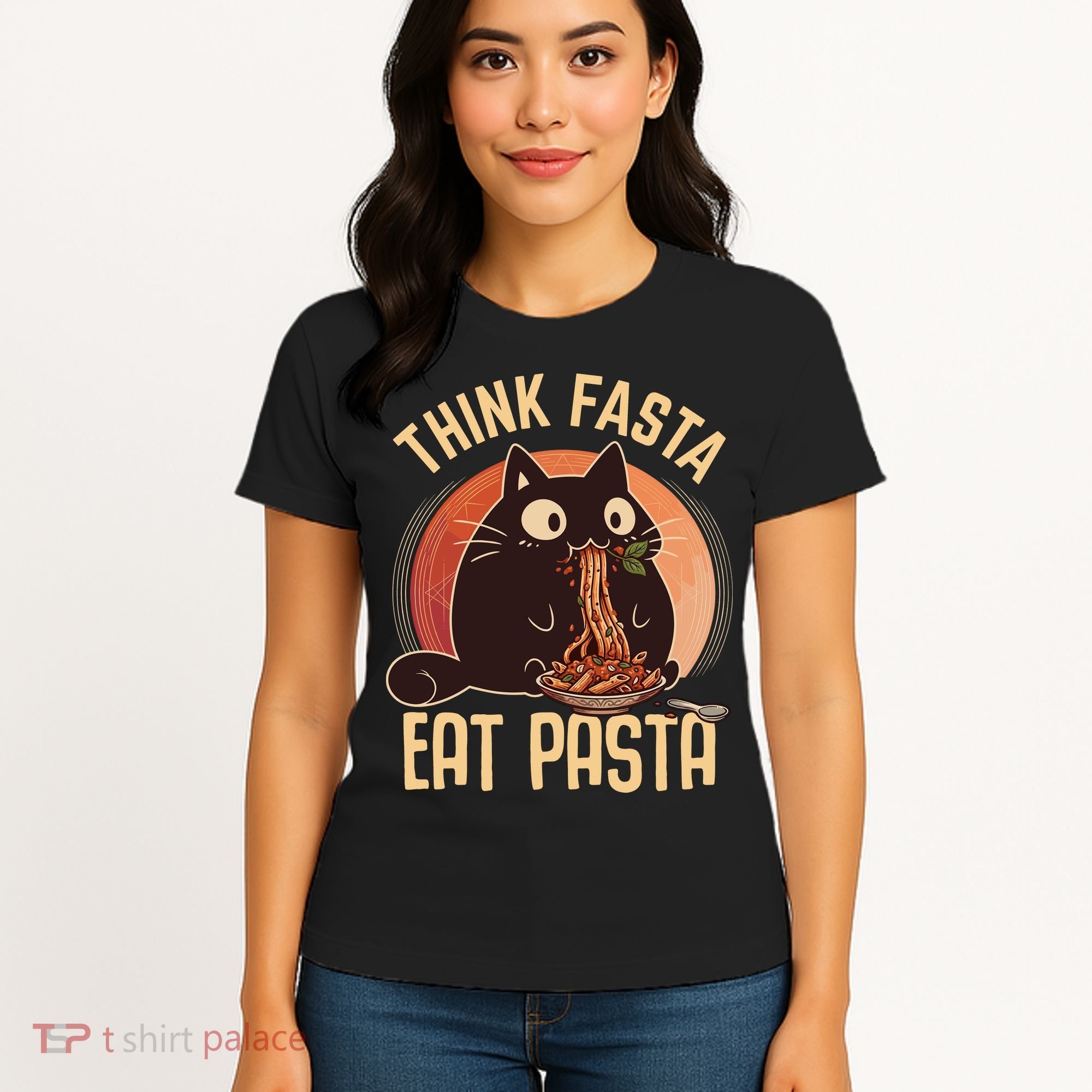 Think Fasta Eat Pasta Cat Women's T-Shirt