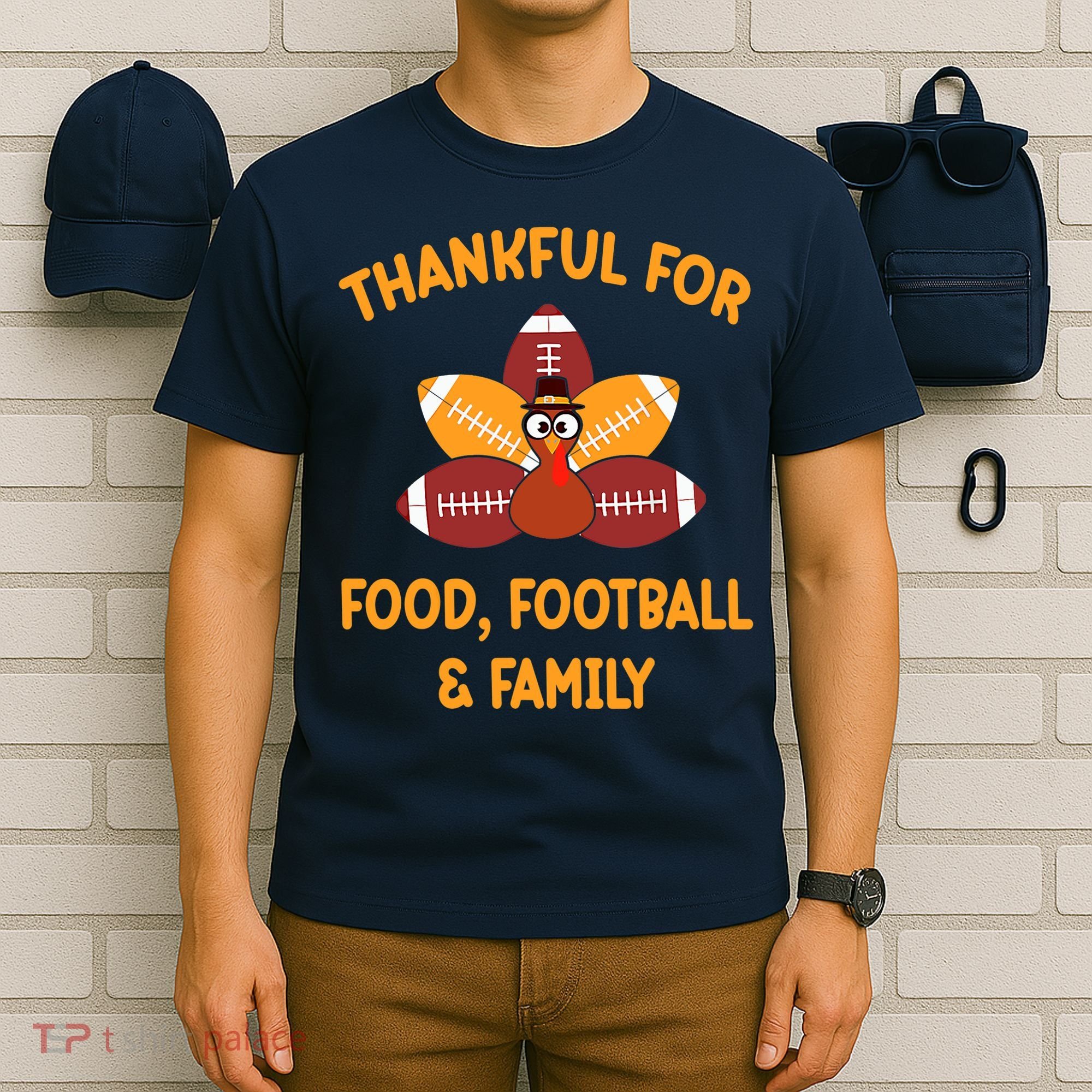 Thankful For Food Football Family Thanksgiving Turkey T-Shirt