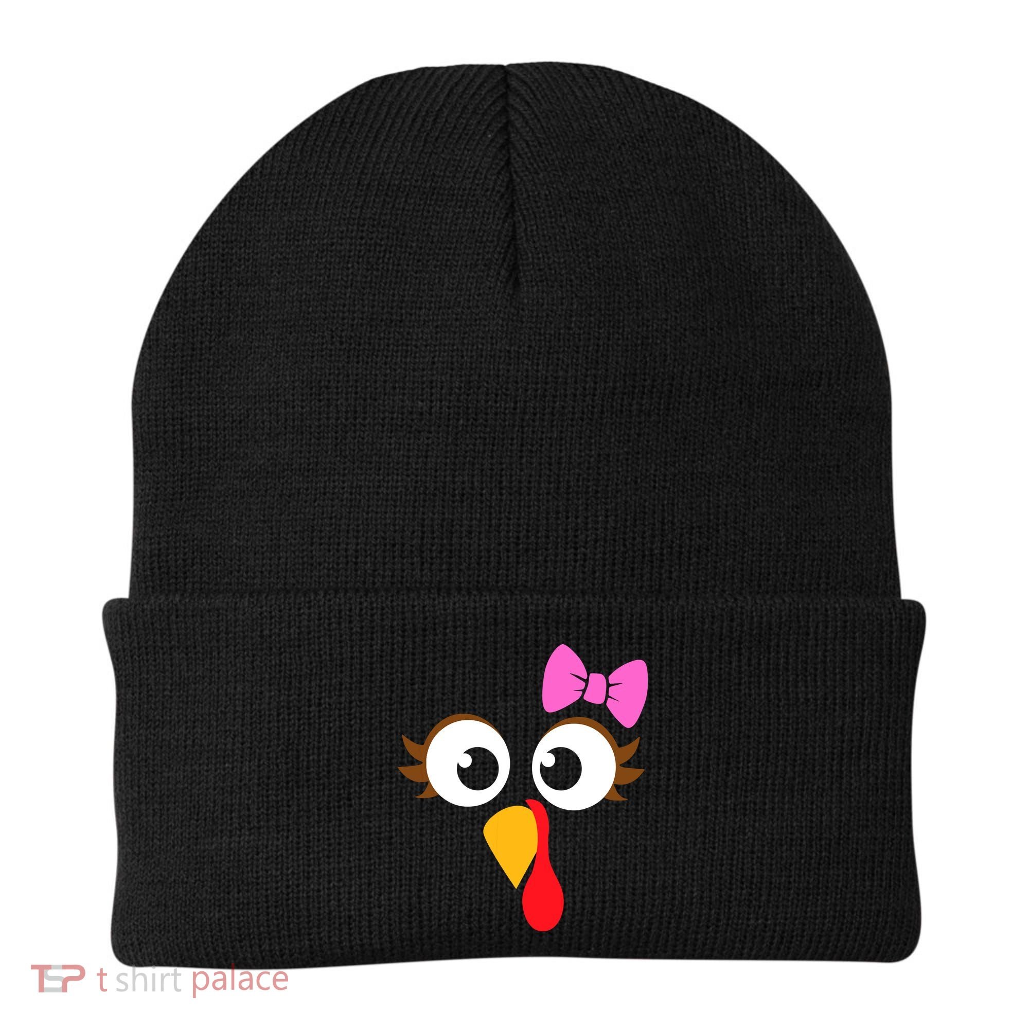 Turkey Face Girl Pink Bow, Thanksgiving Gift Beanie