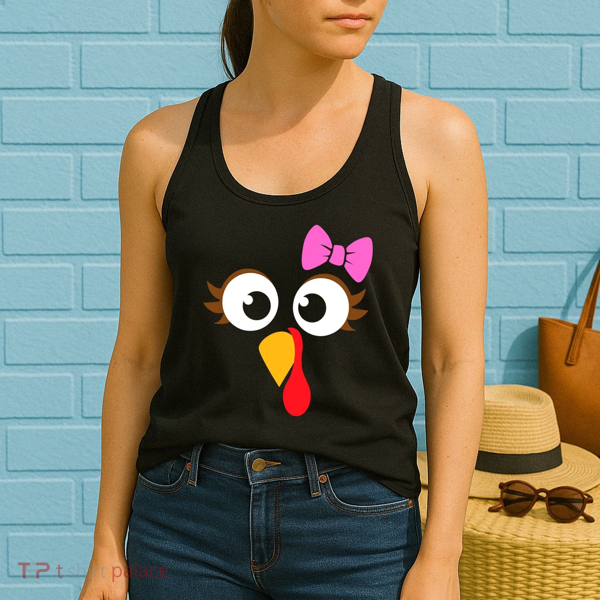 Turkey Face Girl Pink Bow, Thanksgiving Gift Women's Tank Top