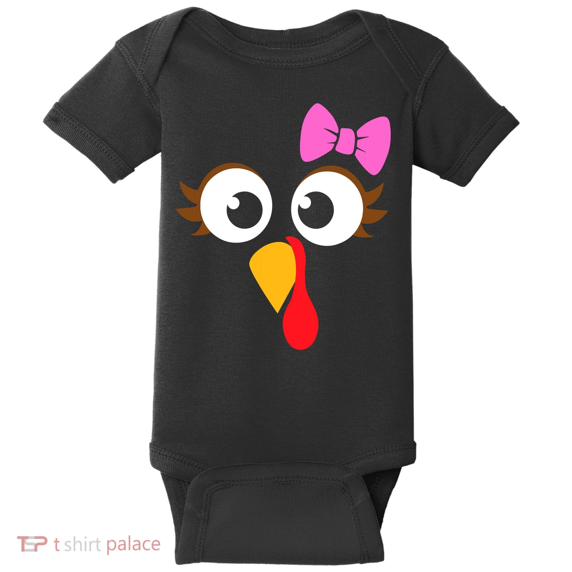 Turkey Face Girl Pink Bow, Thanksgiving Gift Baby Bodysuit