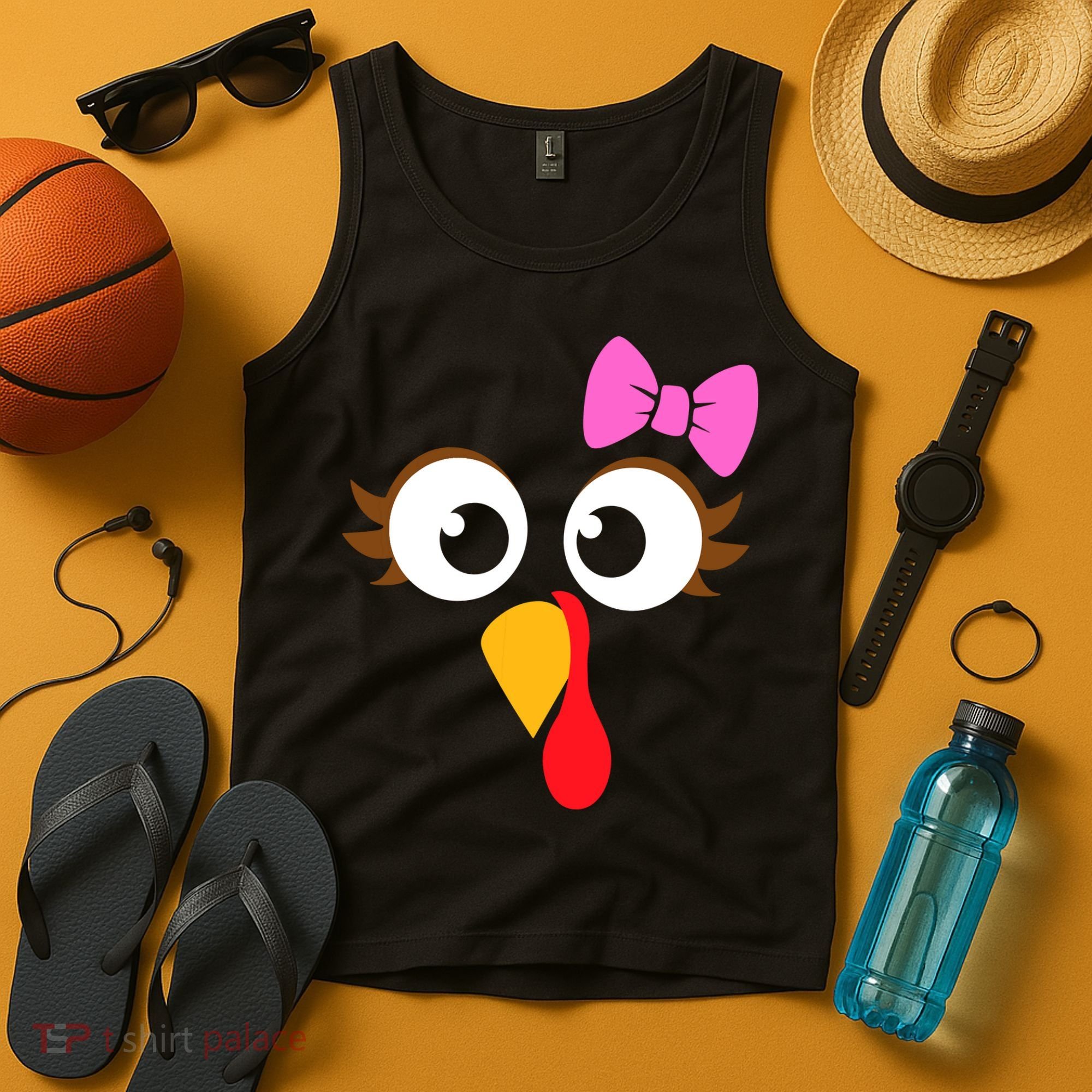 Turkey Face Girl Pink Bow, Thanksgiving Gift Tank Top