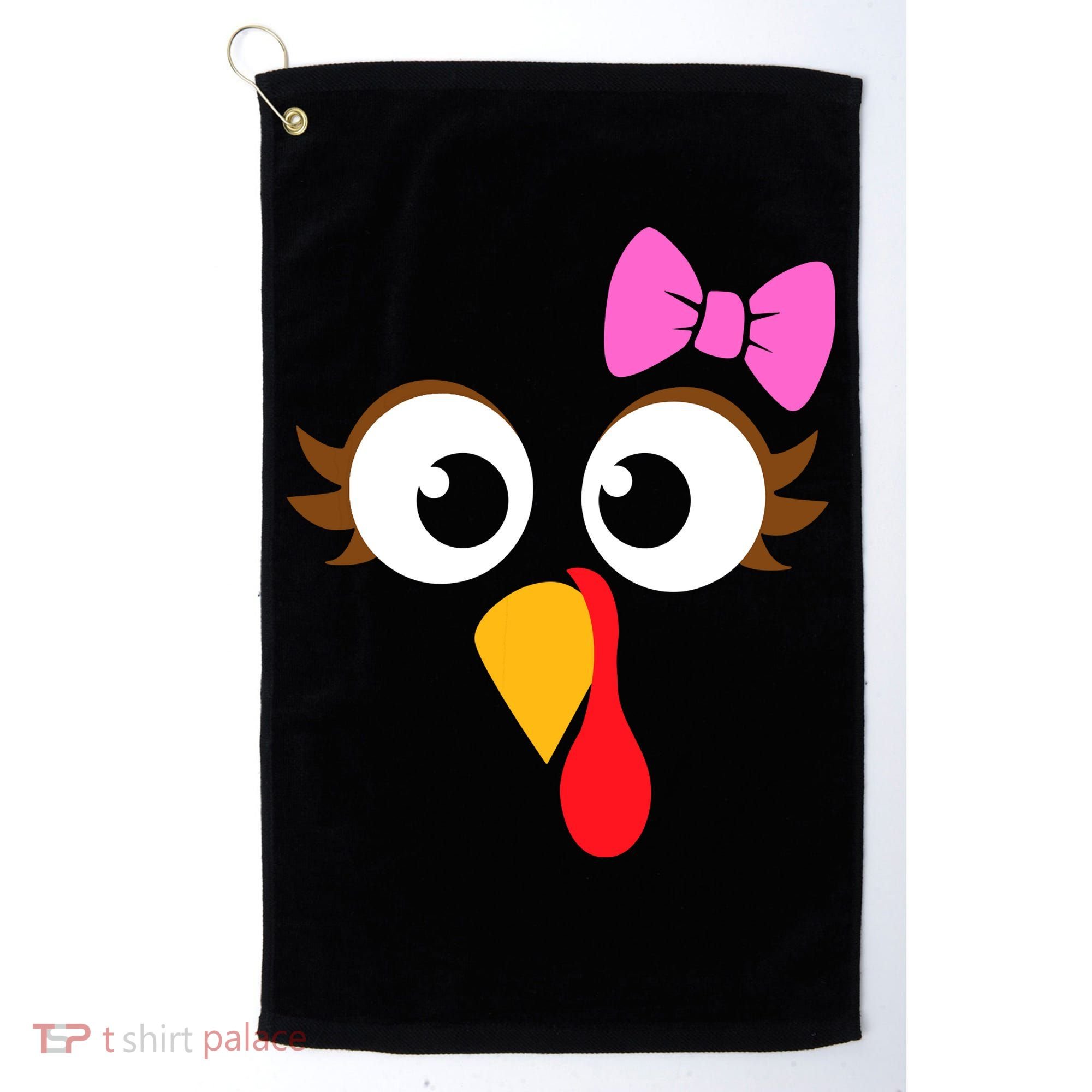 Turkey Face Girl Pink Bow, Thanksgiving Gift Golf Towel