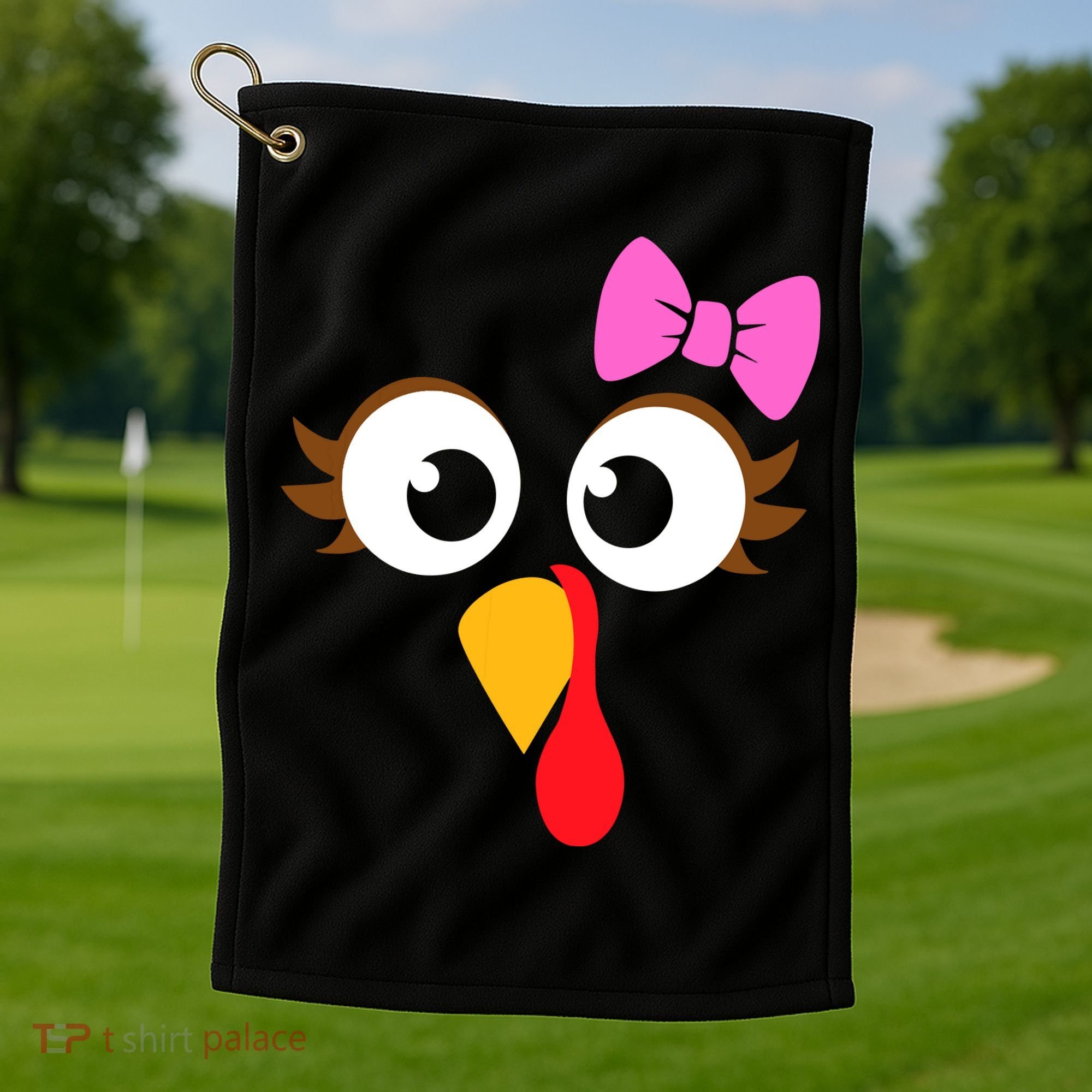 Turkey Face Girl Pink Bow, Thanksgiving Gift Golf Towel