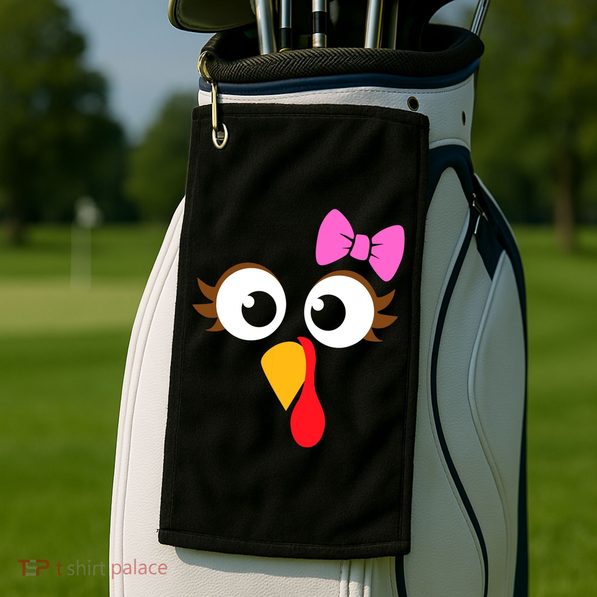 Turkey Face Girl Pink Bow, Thanksgiving Gift Golf Towel