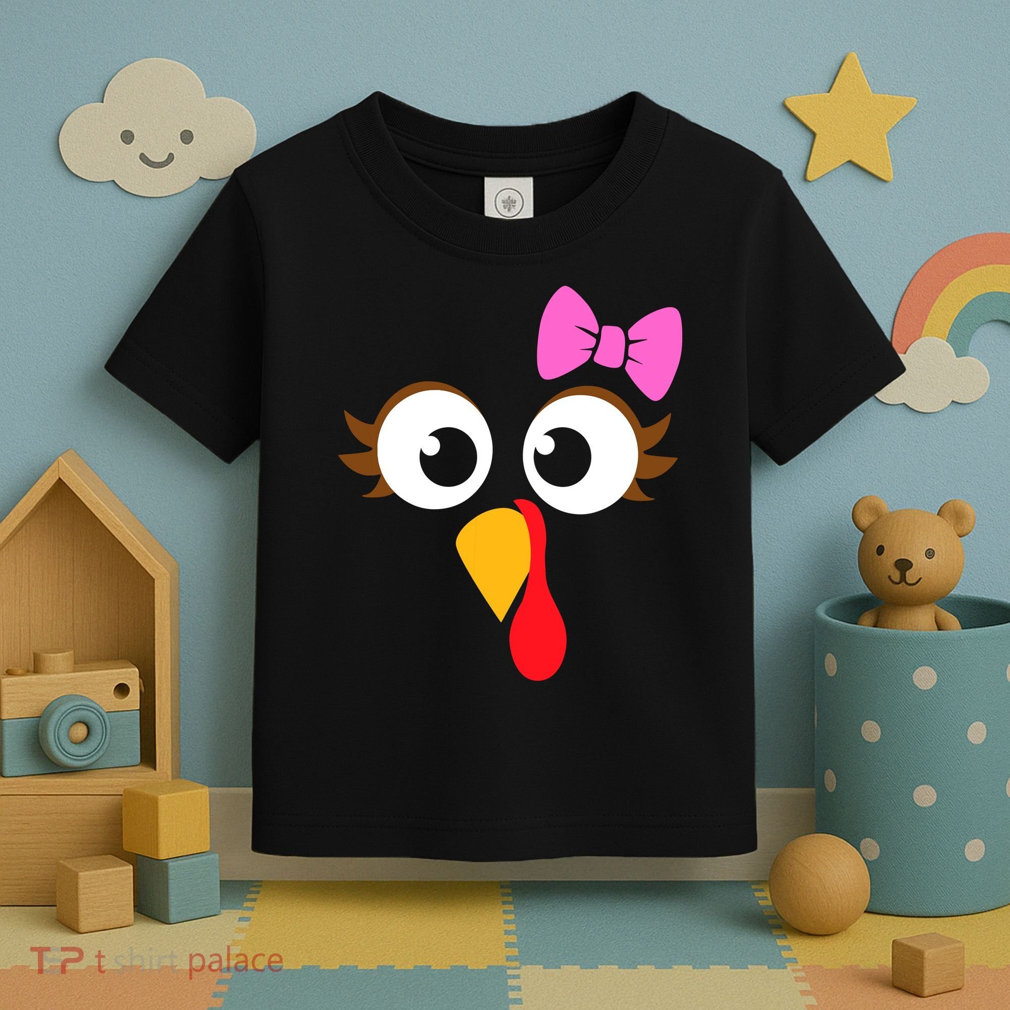 Turkey Face Girl Pink Bow, Thanksgiving Gift Toddler T-Shirt