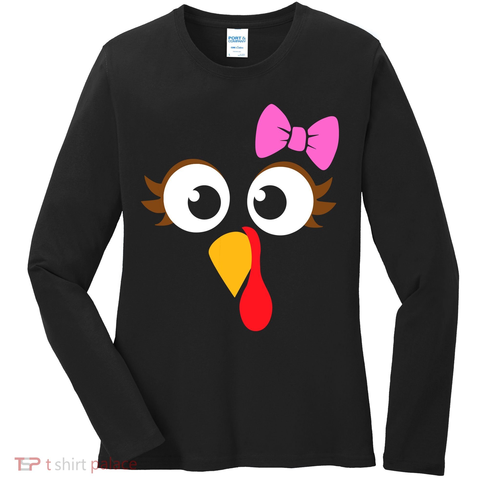 Turkey Face Girl Pink Bow, Thanksgiving Gift Women's Long Sleeve Shirt